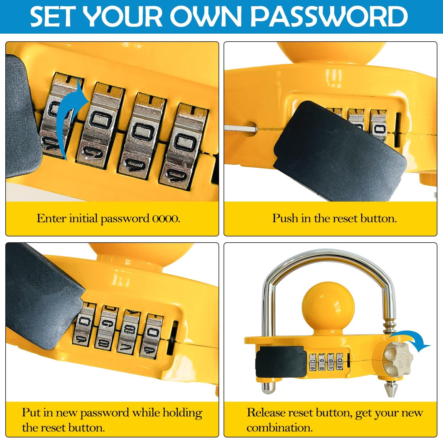 Sutekus Trailer Lock Universal Hitch Lock with Combination Lock Trailer Coupler Lock Camper Accessories for Travel Trailers Boats Trucks Rvs, Fit 1-7/8", 2", 2-5/16" Coupler, Yellow image number 5