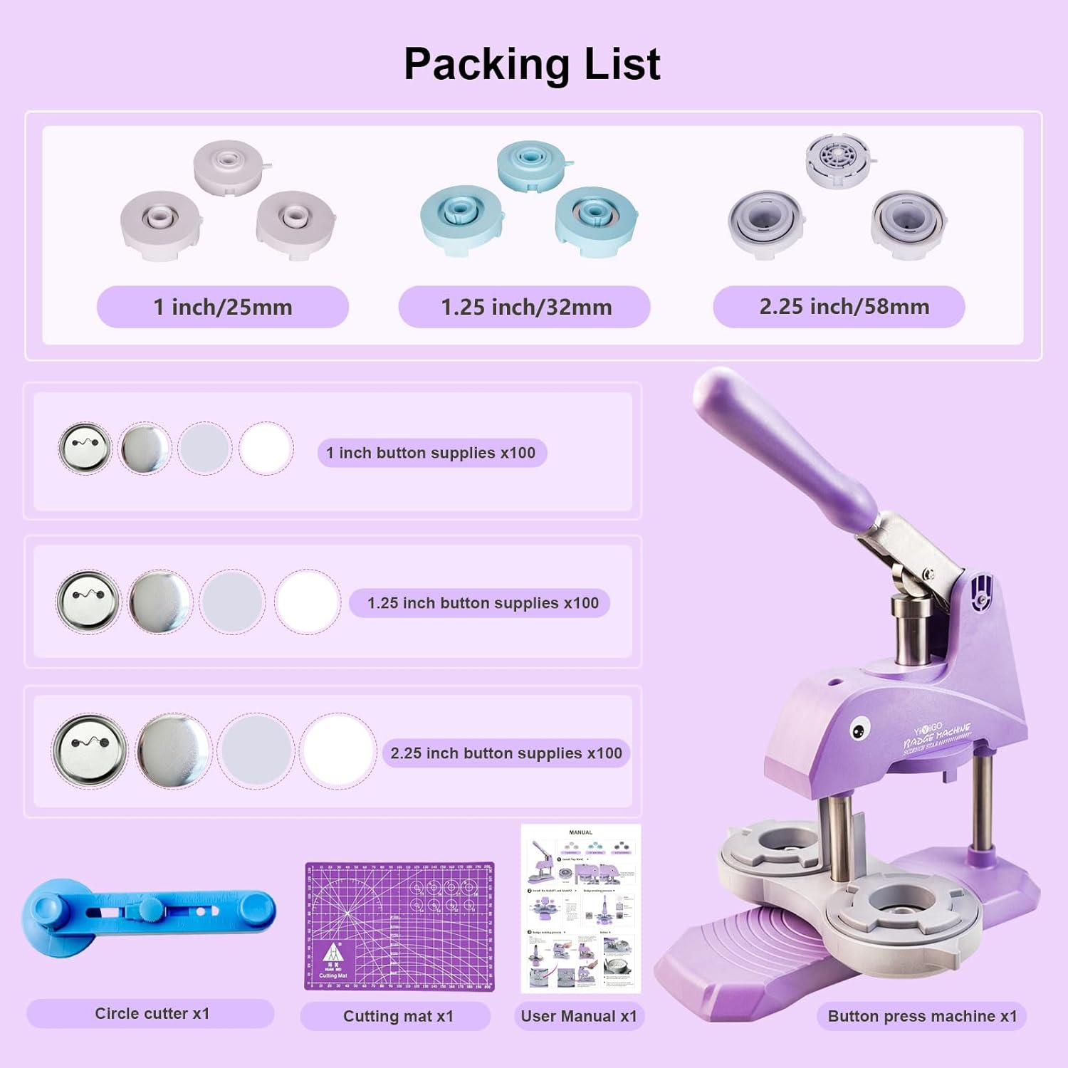 Button Maker Machine Multiple Sizes, 25+32+58Mm Installation-Free Pin Maker Machine, Ideal Badge Maker for Kids DIY with Free 300 Sets Button Making Supplies Badge Making Machine(Purple) image number 5