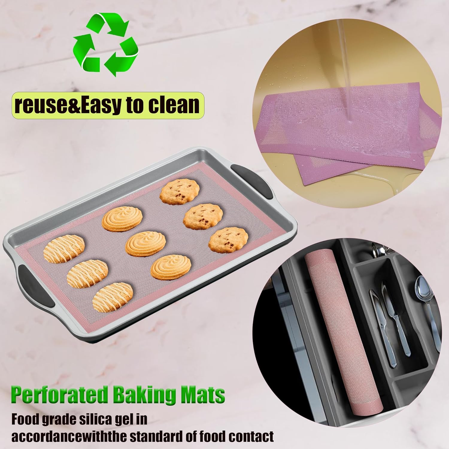Perforated Silicone Baking Mats 2-Pack, Oven & Dishwasher Safe Reusable Biscuit Pastry Bread Pizza Liners, 11 5/8" X16 1/2" Sakura Pink