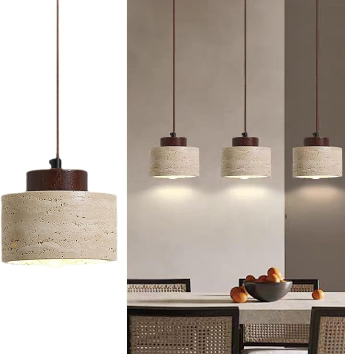 Nordic Pendant Light with Natural Stone Shade and Wood Accents, Cylinder Hanging Ceiling Light for Kitchen Island, Dining Room, Bedroom, Modern Rustic Chandelier (Walnut Color,10X17Cm)