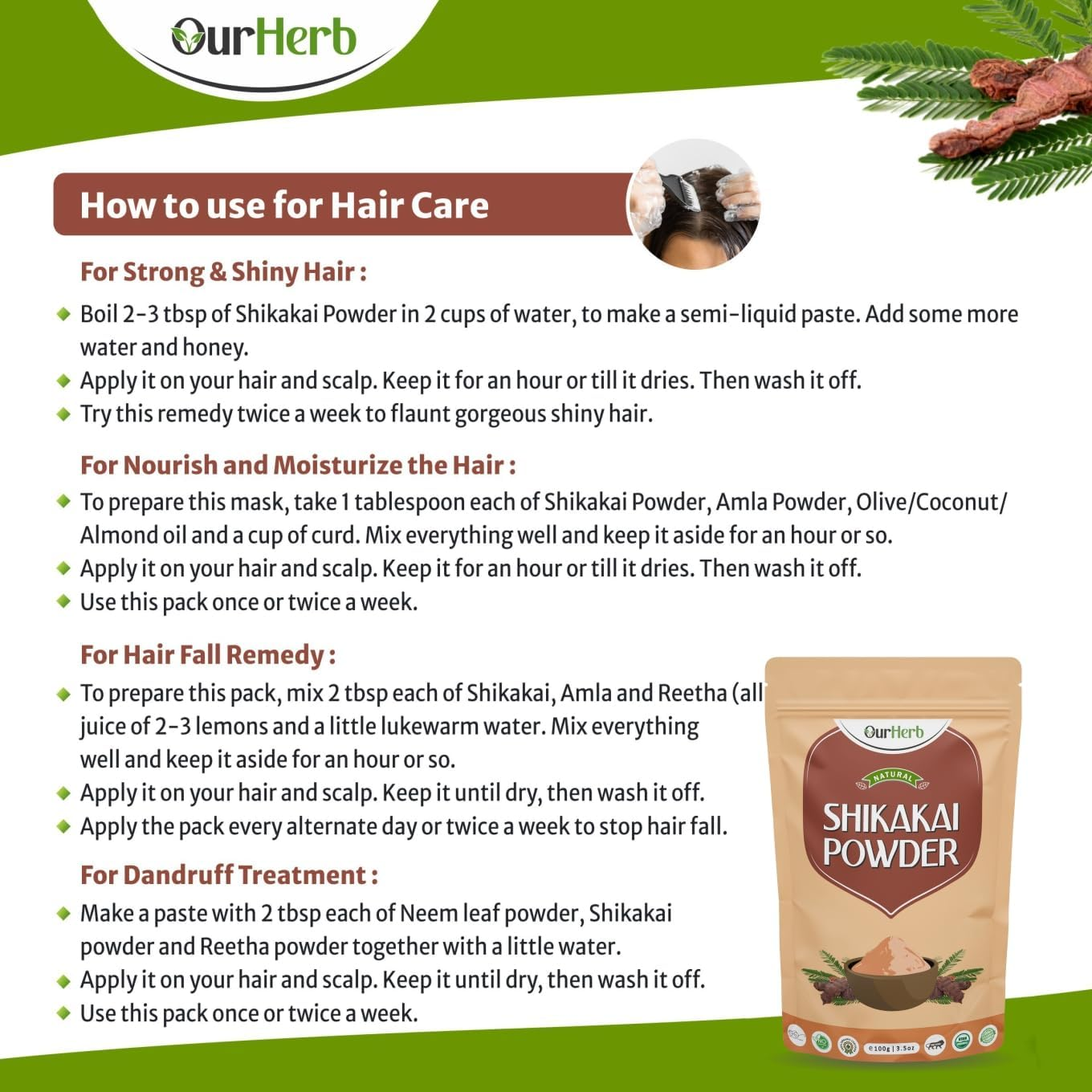 Ourherb Pure & Natural Shikakai (Acacia Concinna) Powder for Hair Care with Wooden Spoon - 100G | 3.5 Oz