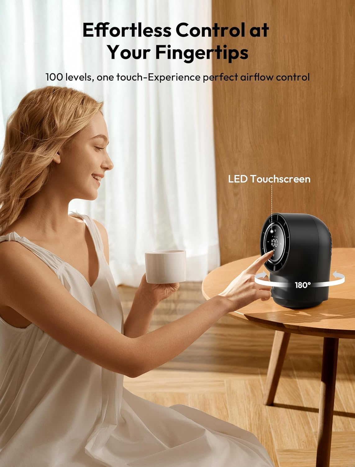 Aecooly Touch Control Desk Fan, 100 Speeds Quiet Digital Display 8000Mah Battery Powered Small Table with 3 Oscillation Angles Desktop Fan for Bedroom, Bedside, Office, Travel -Black image number 2