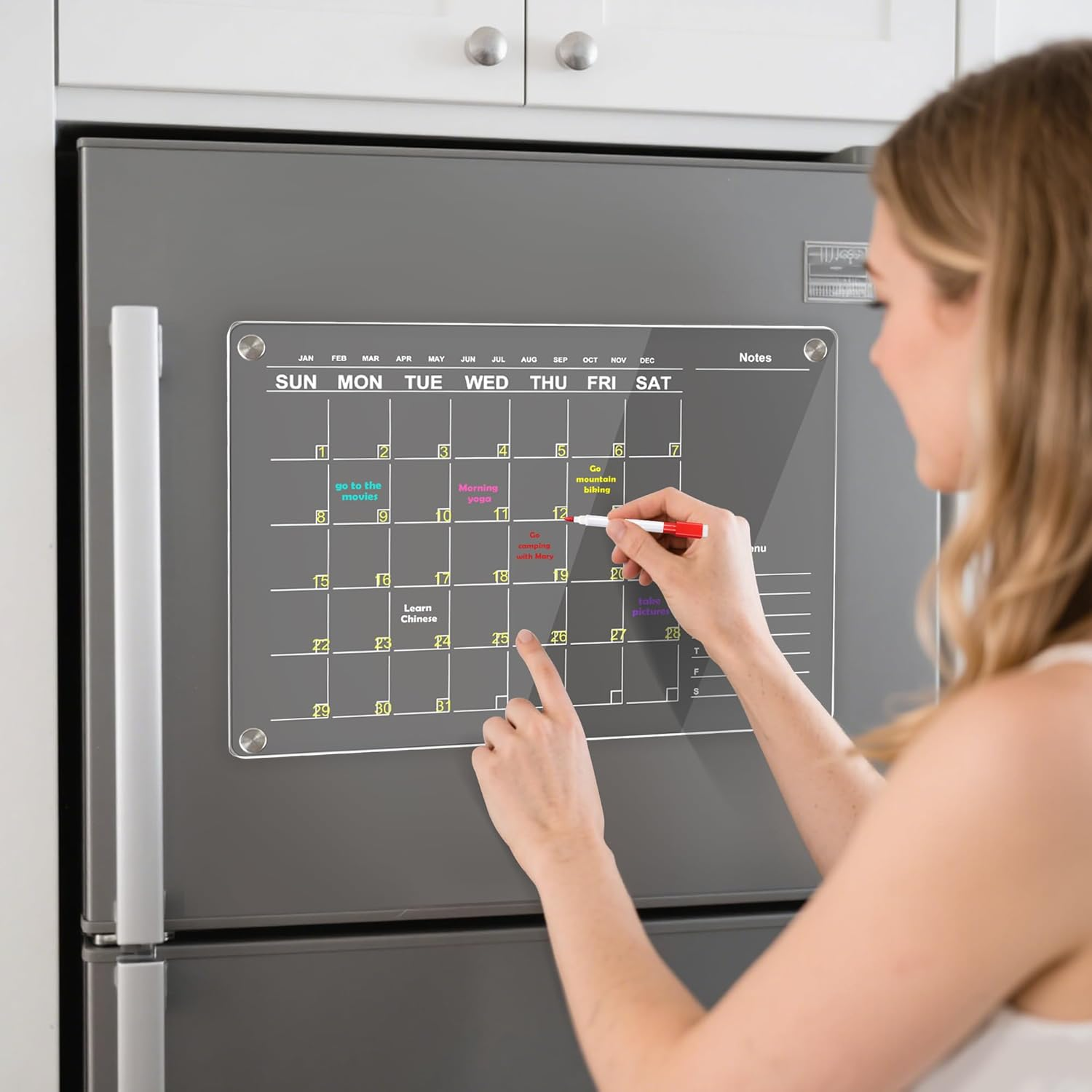 JUNART Acrylic Magnetic Fridge Calendar for Efficient Life Planning, Reusable Planner Includes 6 Markers,4 Magnetic Holders - 21X29 Monthly Fridge Planner image number 2