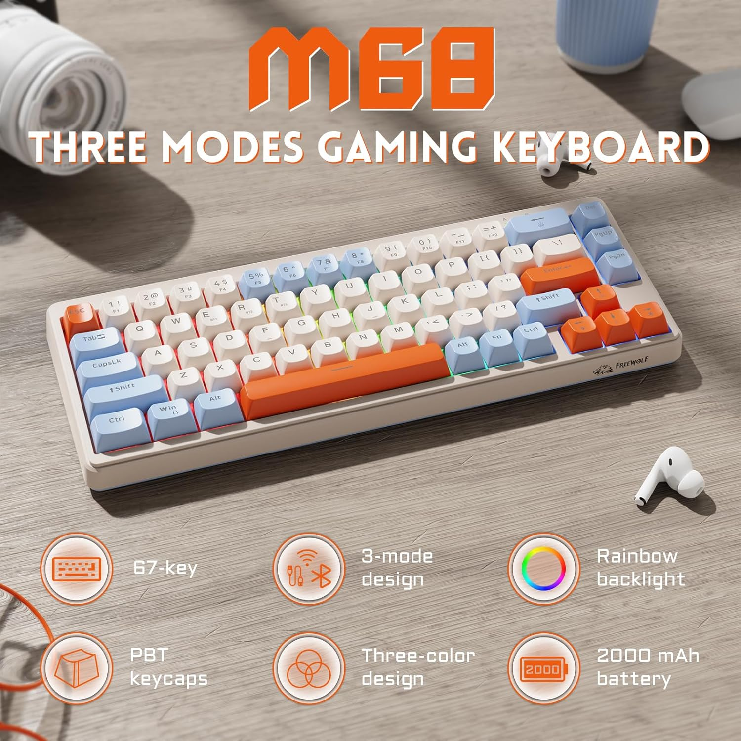 ZIYOU LANG &times;FREEWOLF M68 TKL Wireless Gaming Keyboard, 3-Mode Compact Membrane Keyboard 2.4Ghz/Bt5.1/Usb-C, 19 Keys Anti-Ghosting, 2000Mah Rechargeable - Cranberry image number 4