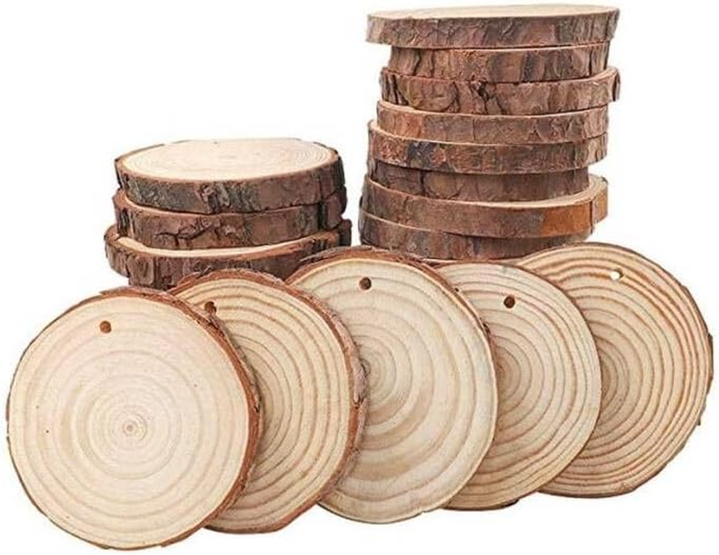 HIGHROCK Unfinished Natural Wood Slices Wood Coaster Pieces Craft Wood Kit Predrilled with Hole Wooden Circles Great for Arts and Crafts Ornaments DIY Crafts with Bark Rustic Wedding (4CM~5CM) image number 3
