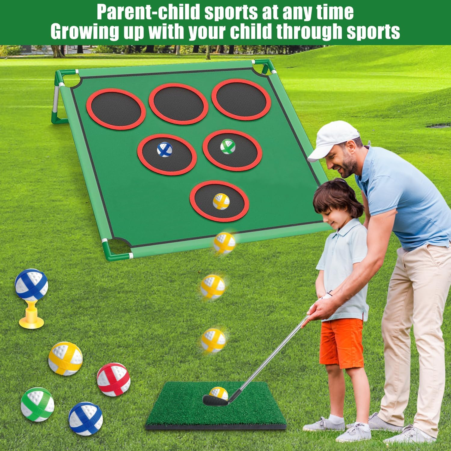 Mostop Golf Chipping Game Set - Backyard Cornhole Game Includes Putting Mat, 20 Sticky Balls, 6 Hole Covers, Club, Carrying Bag - Golf Target Yard Games for Golfers Indoor Outdoor, Dad image number 1