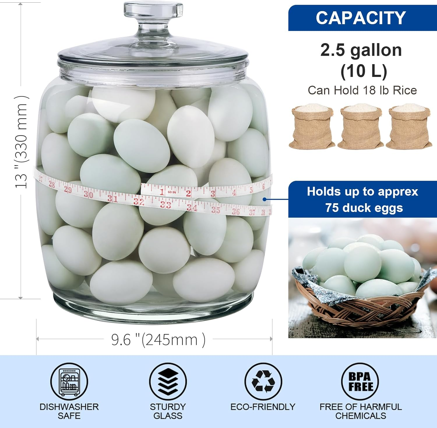 Daitouge 2.5 Gallon Glass Jars with Lids, Large Cookie Jars with Big Opening, 1 Pack Food Storage Canister for Kitchen, Great for Storage Flour, Rice, Sugar, Pasta, Candy image number 5