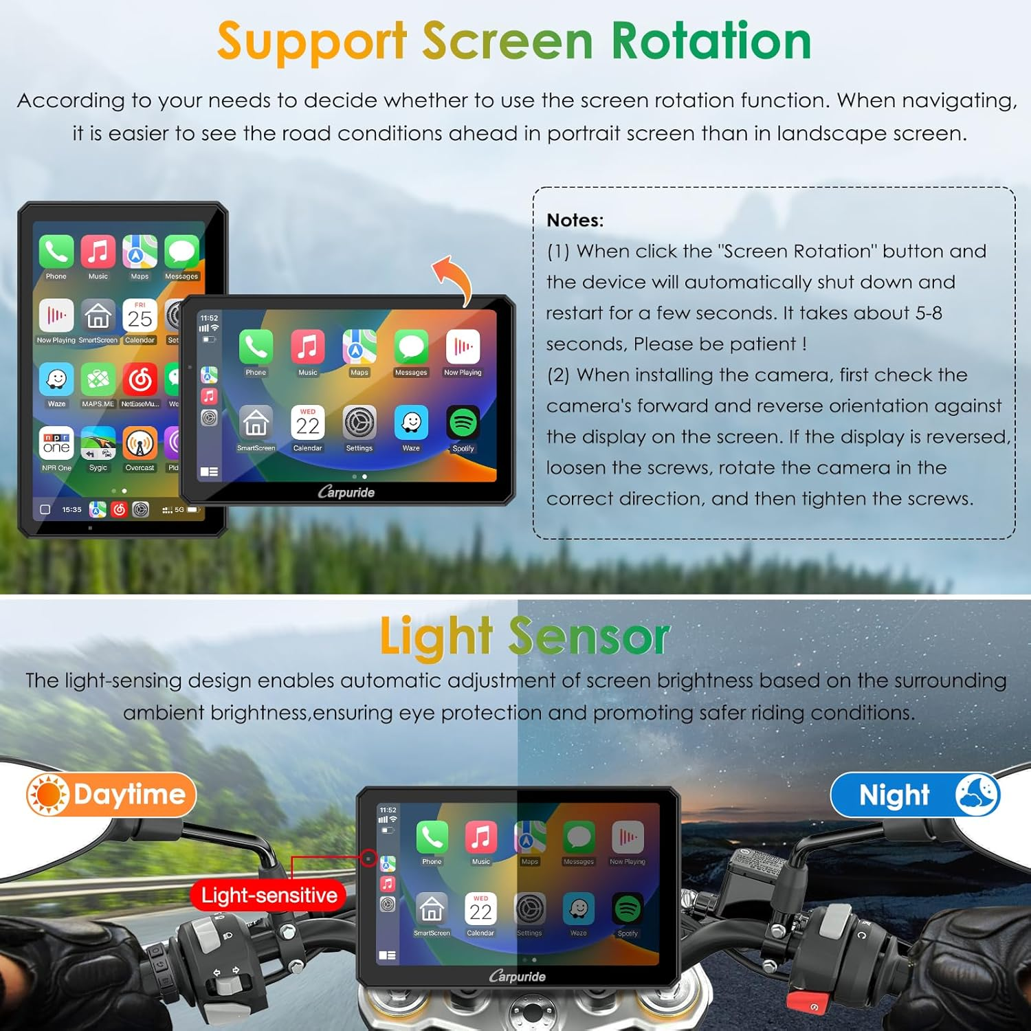 Carpuride W712D Motorcycle Carplay Screen with HD 1080P Dual Dash Cam, Wireless Car Play and Android Auto, 7" Waterproof Rotatable Navigation Touchscreen, Loop Recording, Bluetooth, Wired Controller image number 4