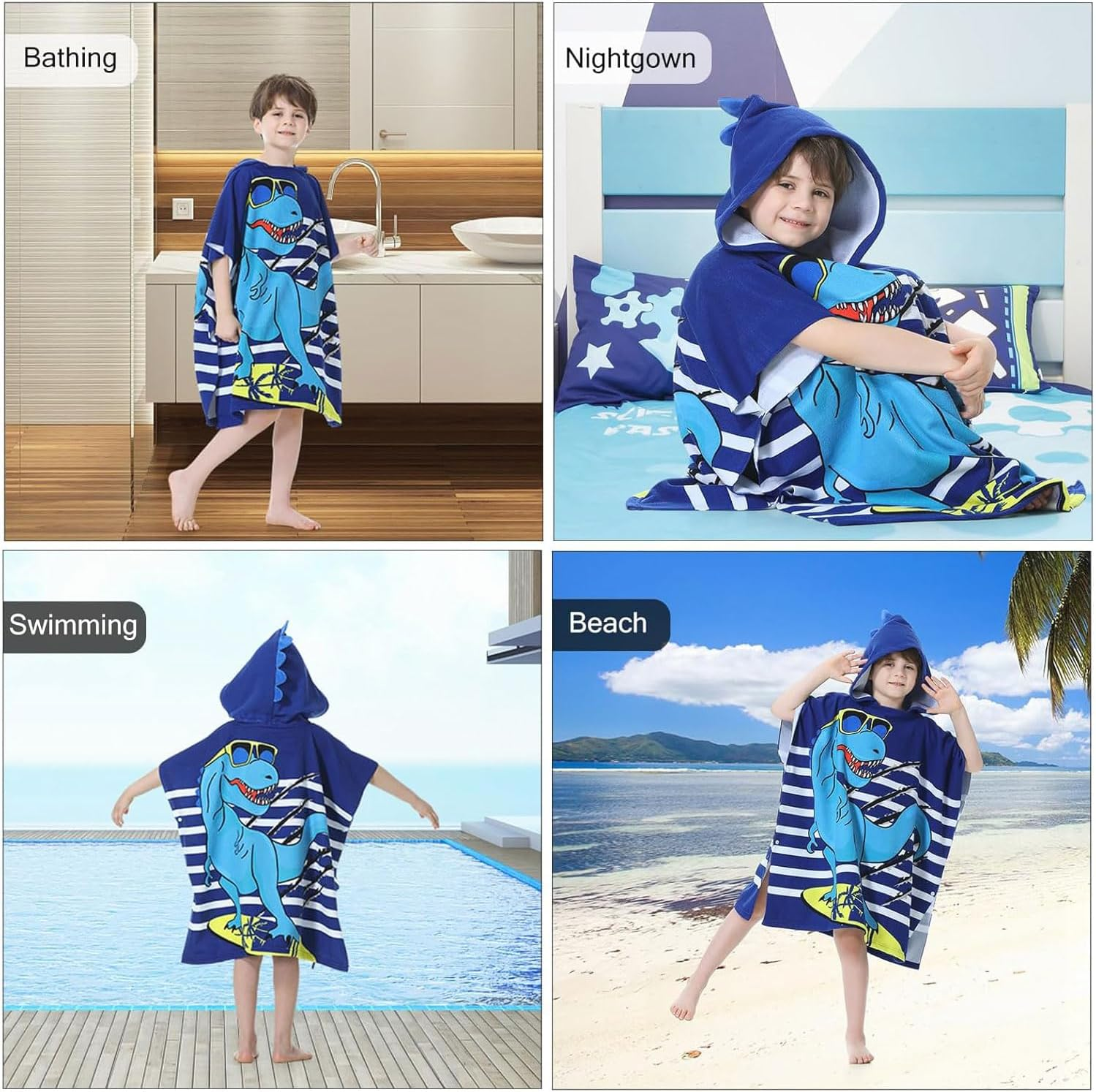Kids Hooded Poncho Towels, Soft Microfiber Swim Cover-Ups for 4 to 15 Years Old, Hooded Kids Beach Towels, Swimming Pool Changing Robe Bathrobe Bath Towel, Kid Hoodeds Bath Towel (Blue Dinosaur) image number 3