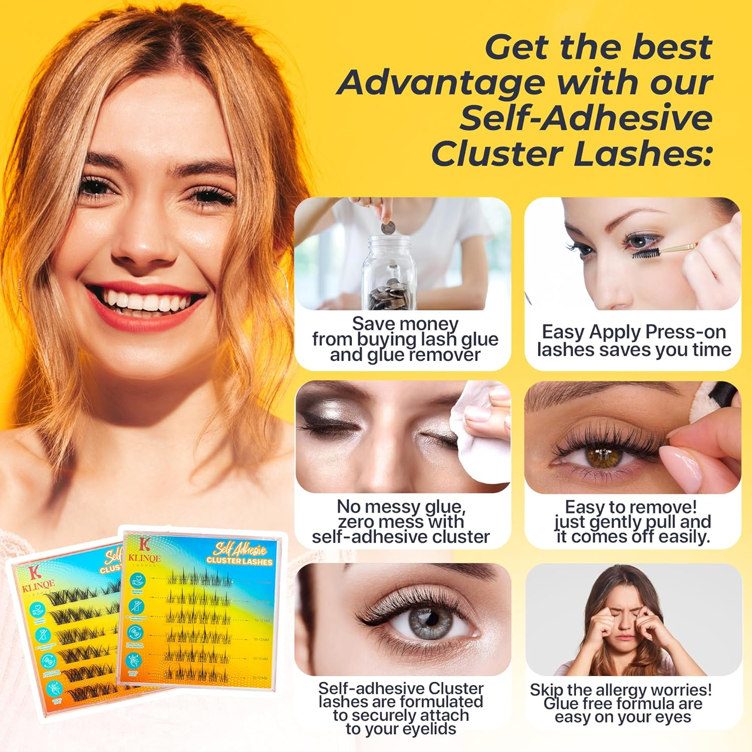KLINQE Cluster Press on Lashes with Tweezer | DIY Self Adhesive Eyelashes No Sticky Residue | Quick and Easy to Apply No Glue Lashes for a Strong Hold | Reusable - Mix and Match! (Twilight Radiance) image number 4