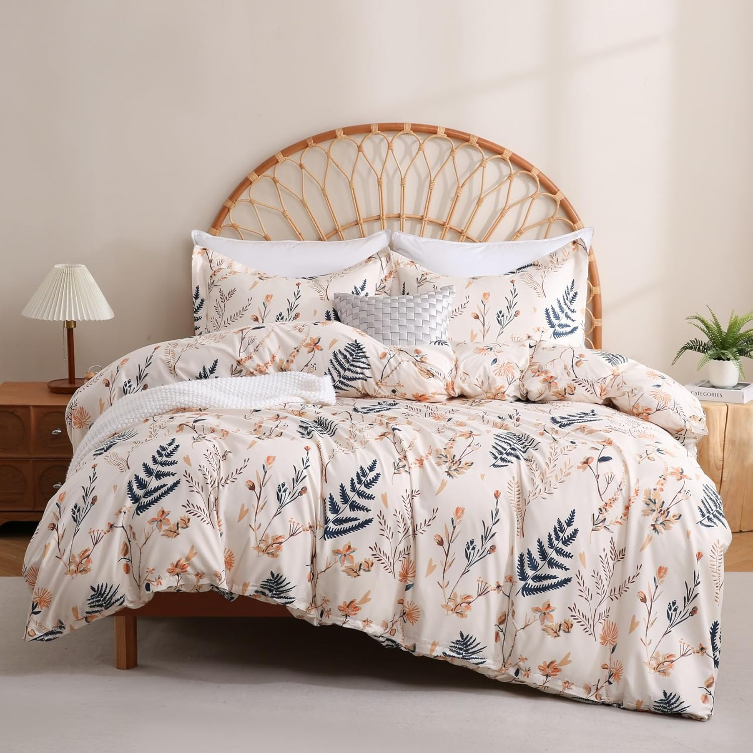 JSD Green Floral Printed Duvet Cover Set Queen, 3 Piece Microfiber Botanical Comforter Cover with Corner Ties Zipper Closure