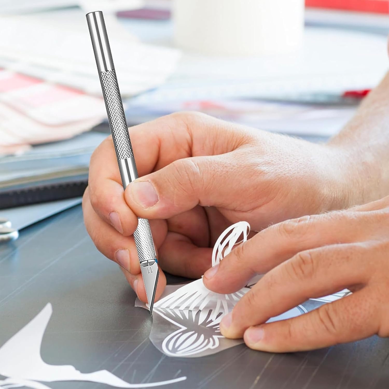 4 Pcs Precision Carving Craft Knife Hobby Knife,With 20Pcs Manganese Steel Blade Kit with 6In Steel Ruler,Ergonomic Aluminium Handle for Diy,Art,Cutting,Carving image number 3