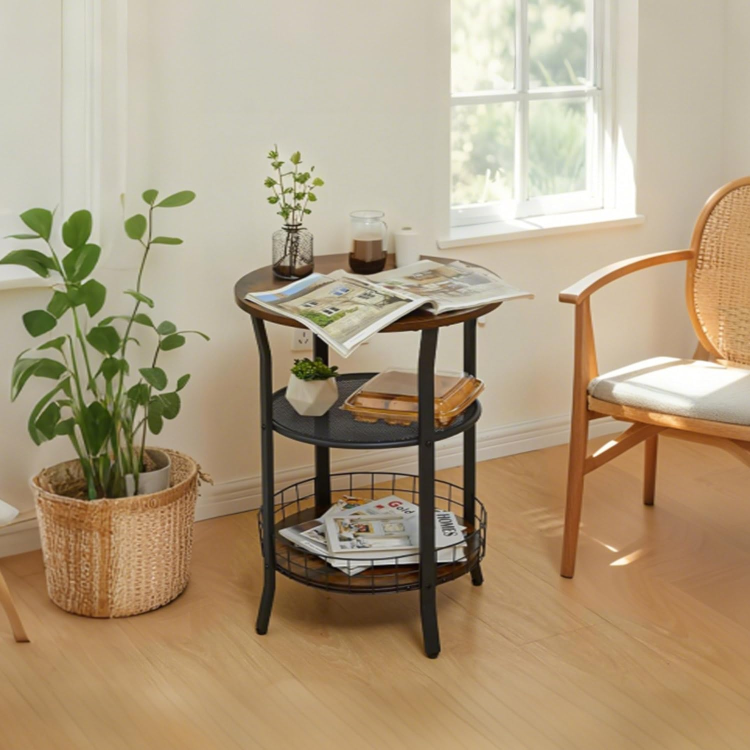 Round Side Table &ndash; Industrial Style Wooden & Metal Side Table with Storage Shelf, Rustic Brown, for Living Room, Bedroom, Office & Kitchen image number 5