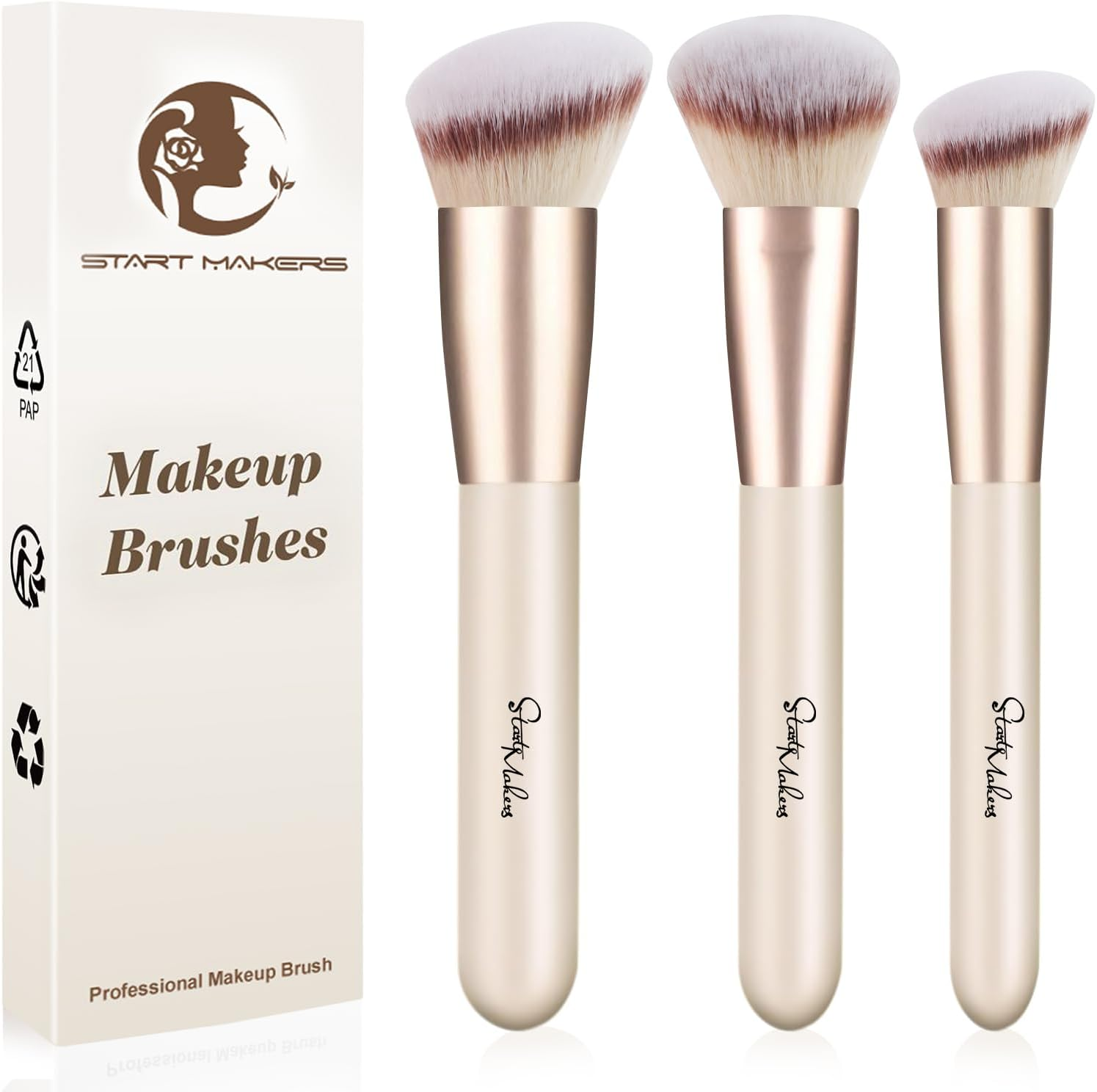 START MAKERS 3PCS Makeup Brushes Foundation Contour Conceal Makeup Brush Set, Slanted Foundation Brush, Angled Kabuki Brushes for Blending with Liquid, Cream and Powder Makeup image number 3