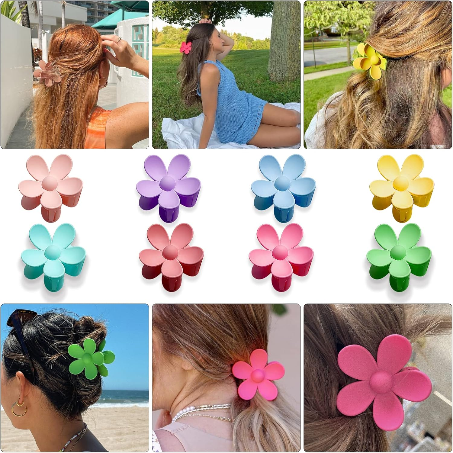 Pack of 8 Hair Clips Flower Hair Clips Yellow Blue Green Pink Purple Rose Red Light Blue Orange Colourful Hair Clips Large Hair Clips Women Acrylic Colourful Hair Clips Small Hair Clip Thin Hair Clips for Girls