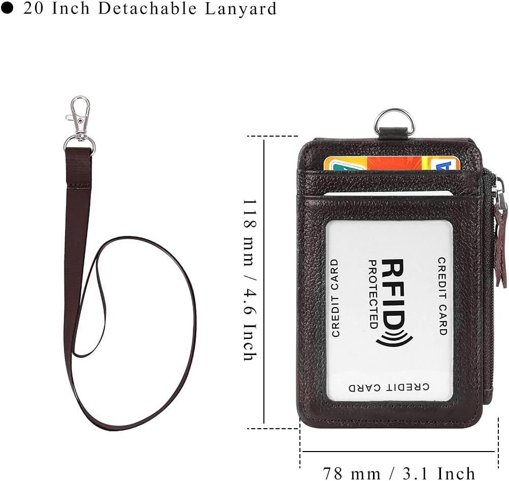 Badge Holder with Zipper Genuine Leather RFID Keychain Wallet Neck Lanyards with Swivel Hook for Card/Coin/Cash, Coffee - Coffee image number 3