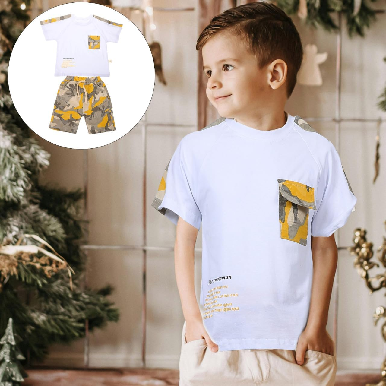 TEHAUX Toddler Boy Summer Outfit: Camo Yellow Short Sleeve T-Shirt & Shorts Set - Breathable Baby Boy Clothes for 1-2 Years image number 3