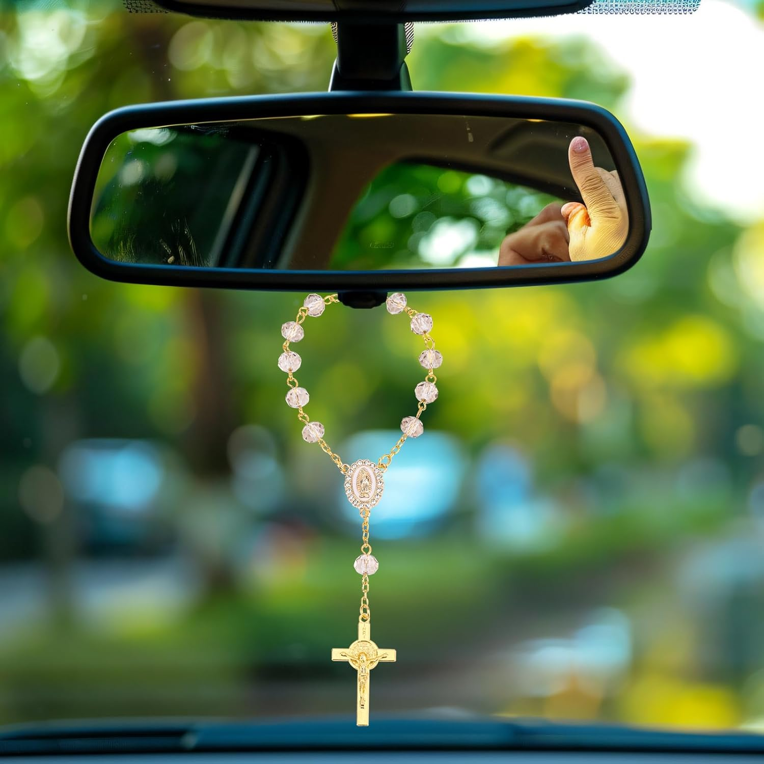 Rosary for Car Mirror Hanging, Stylish Car Rear View Mirror Accessories Catholic Rosary Hanging Ornament for Wedding Favors Baptism First Communion (Gray) - Purple image number 5