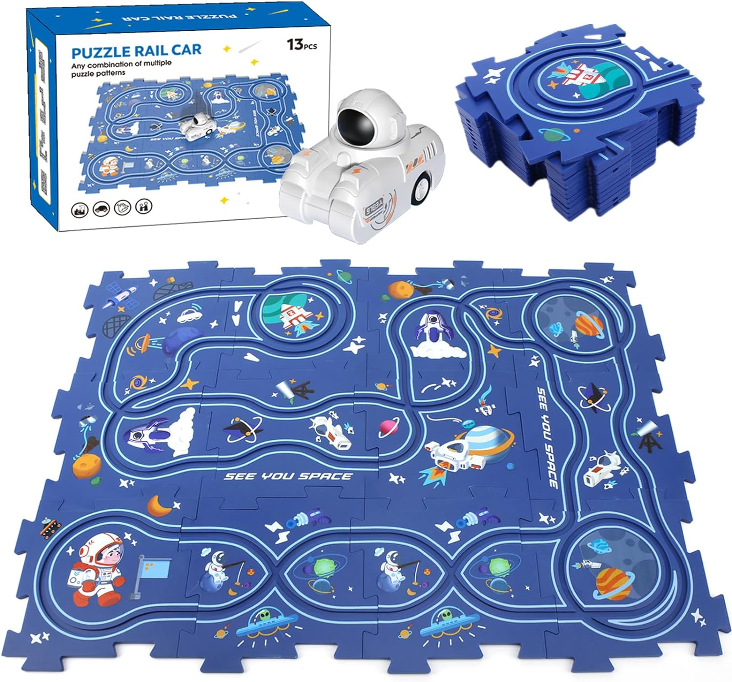 Space Astronauts Theme Puzzle Track Car Playset for Kids, Puzzle Mat Rail Train STEM Montessori Toys, DIY Road Builder Board Game Educational Gift Toys for 3 4 5 6 7 Year Old Boys