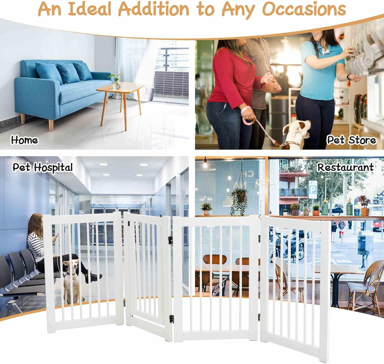 Costway 207 X 77 Cm Freestanding Pet Gate, 4 Panel Retractable Wooden Folding Dog Fence W/Walk through Door, 360&deg; Rotatable, Indoor Safety Gates for Stairs Doorways Hallways Bedrooms (White, 4 Panel) - White image number 3