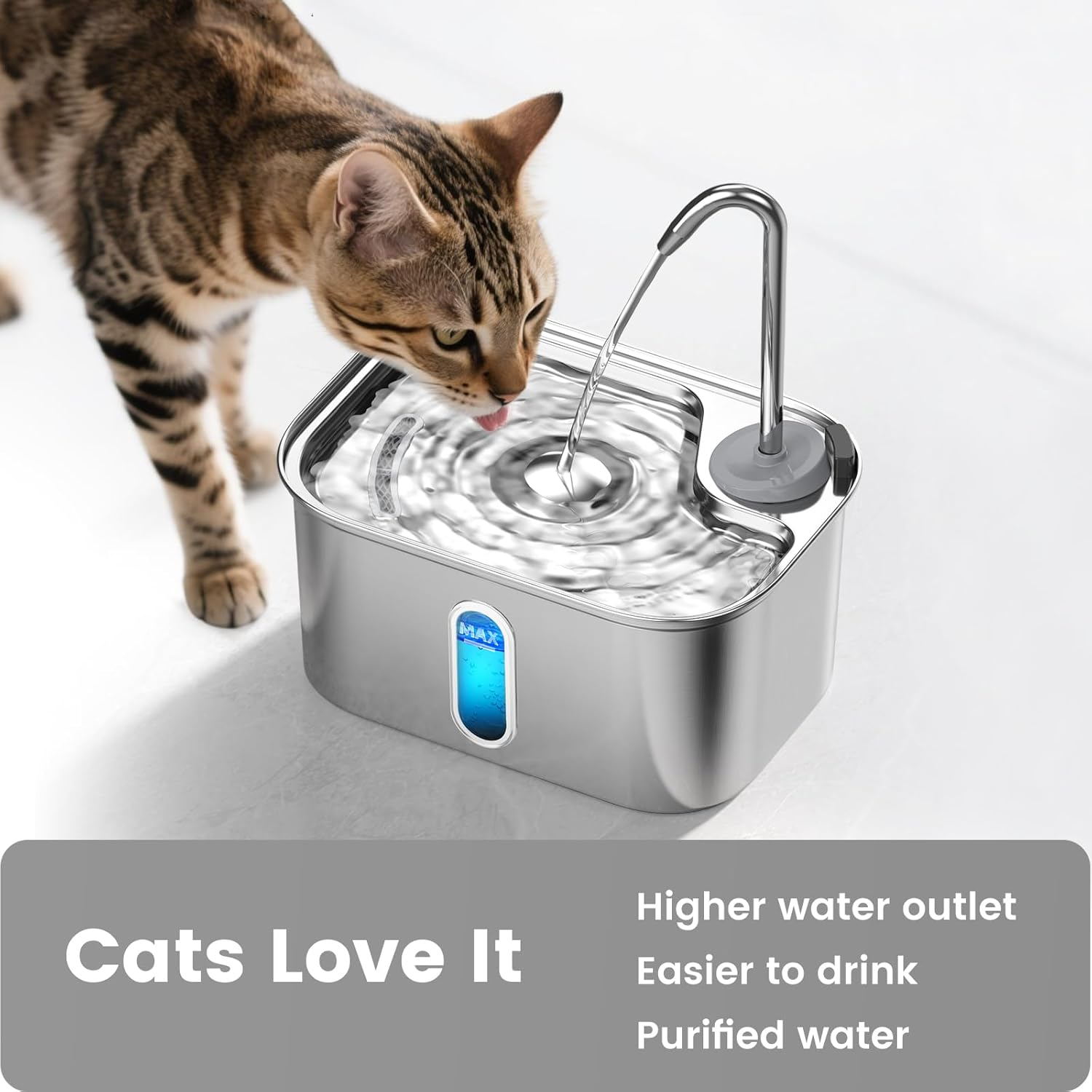 Cat Water Fountain Stainless Steel 304, 2.6L 88Oz Auto Shut-Off Bpa-Free Cat Fountain for Drinking, 2 Flow Modes Cat Water Dispenser for Cats, Multiple Pets Metal Kitty Spout image number 5