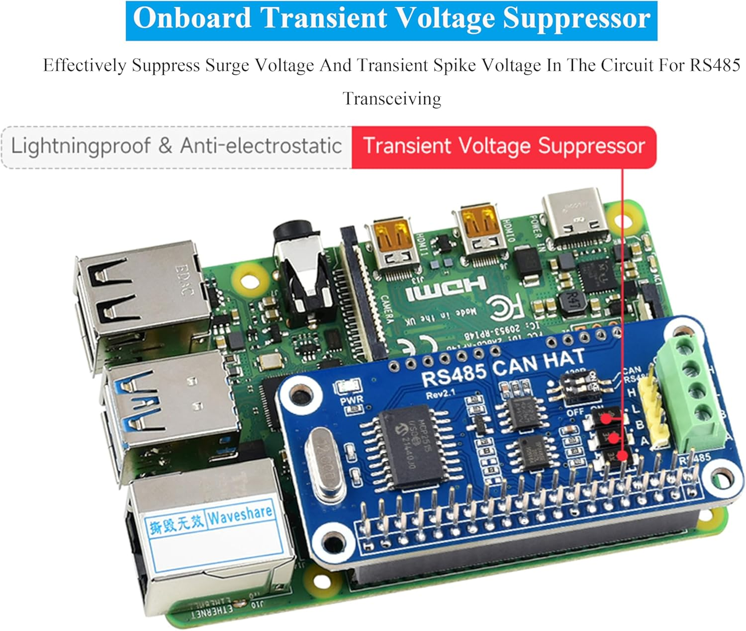 RS485 CAN HAT Compatible with Raspberry Pi 5/4B/3B+/3B/Zero/Zero W/Wh/Zero 2W, Expand CAN and RS485 Functions, CAN Controller MCP2515 via SPI Interface, RS485 Controlled via UART image number 5