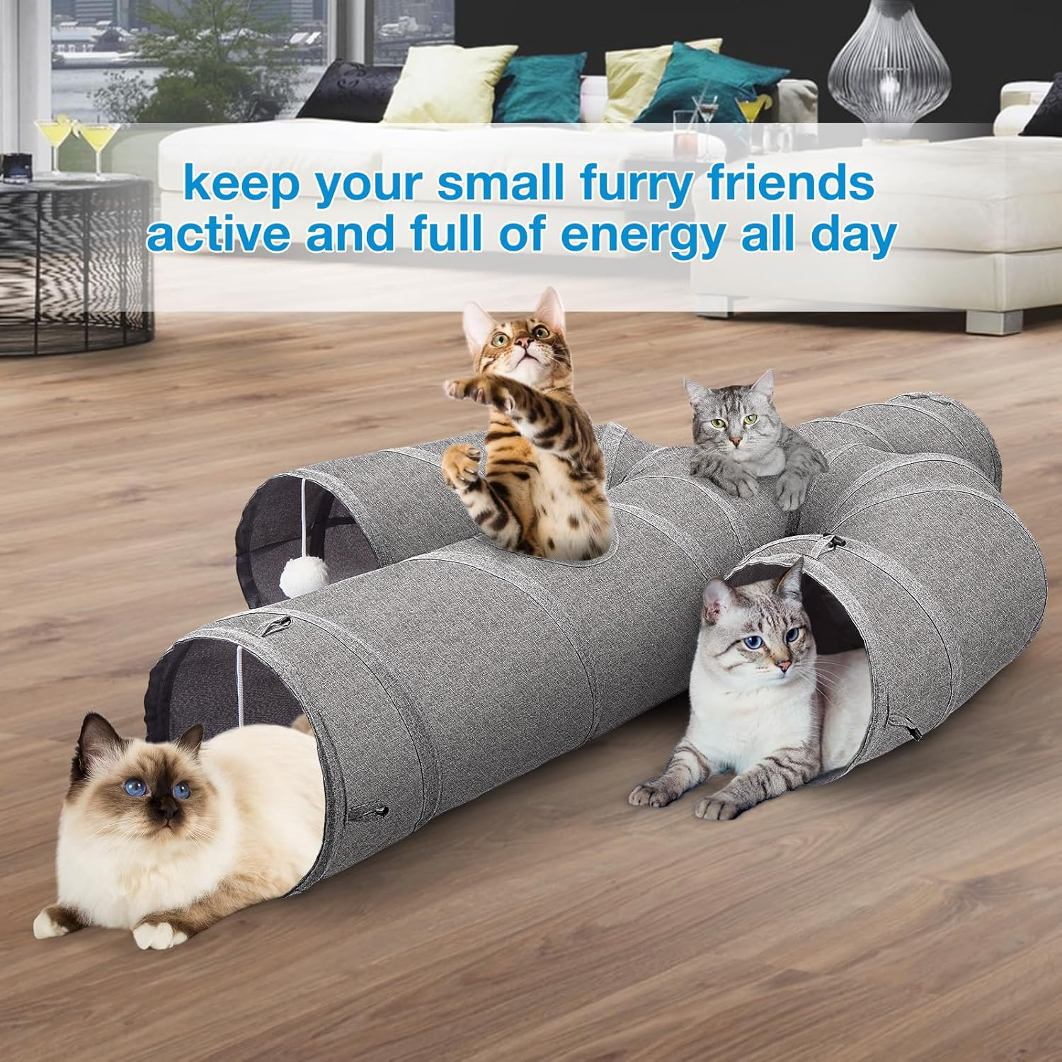 Ownpets Cat Tunnel Large 30CM Sturdy Oxford Fabric Cat Tunnel Toy, Cactus Shape Collapsible Cat Tunnels for Indoor Cats,Interactive Peek Hole Pet Tunnel Tube with Cat Wand Toy image number 1