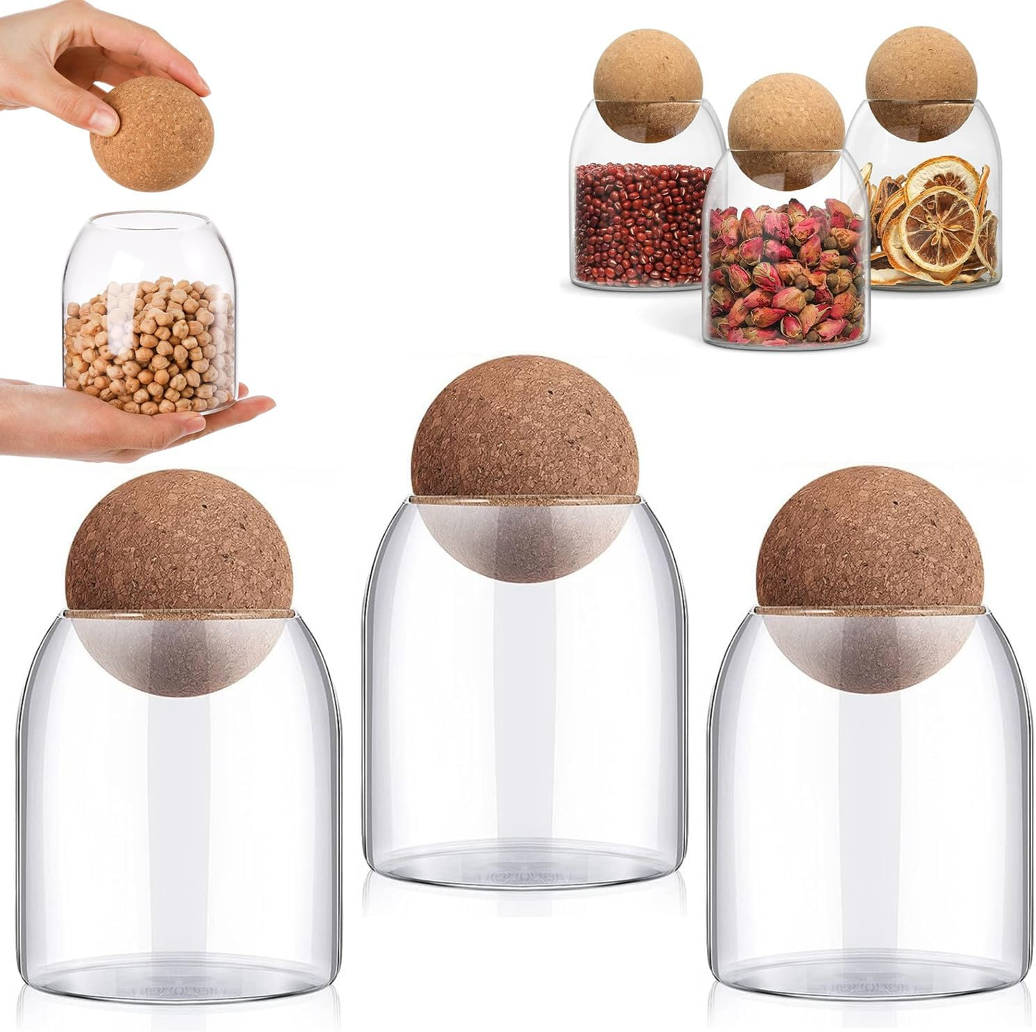 RHBLME 3 Pack Glass Storage Containers with Ball Cork, 17 Oz/500Ml Glass Jar with Cork Lid, round Cork Glass Bottle, Small Candy Jar with Wood Ball Lid for Food, Coffee, Sugar, Spice, Tea, Etc image number 6