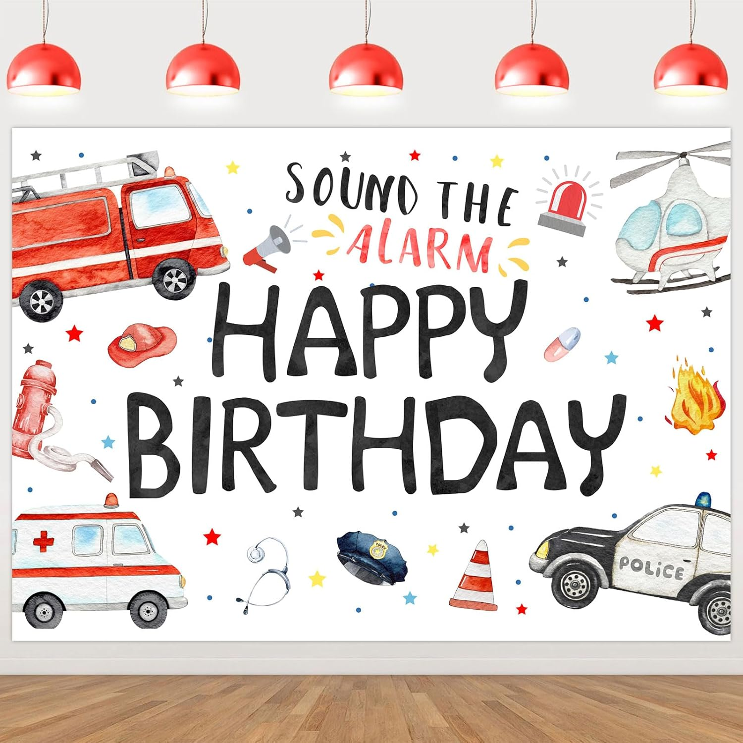 Wonmelody 7 * 5Ft Emergency Birthday Decorations Backdrop Happy Birthday Sound the Alarm Backdrop Banner Rescue Vehicle Birthday Party Supply Team Rescue Backdrop First Responder Transportation Party image number 1