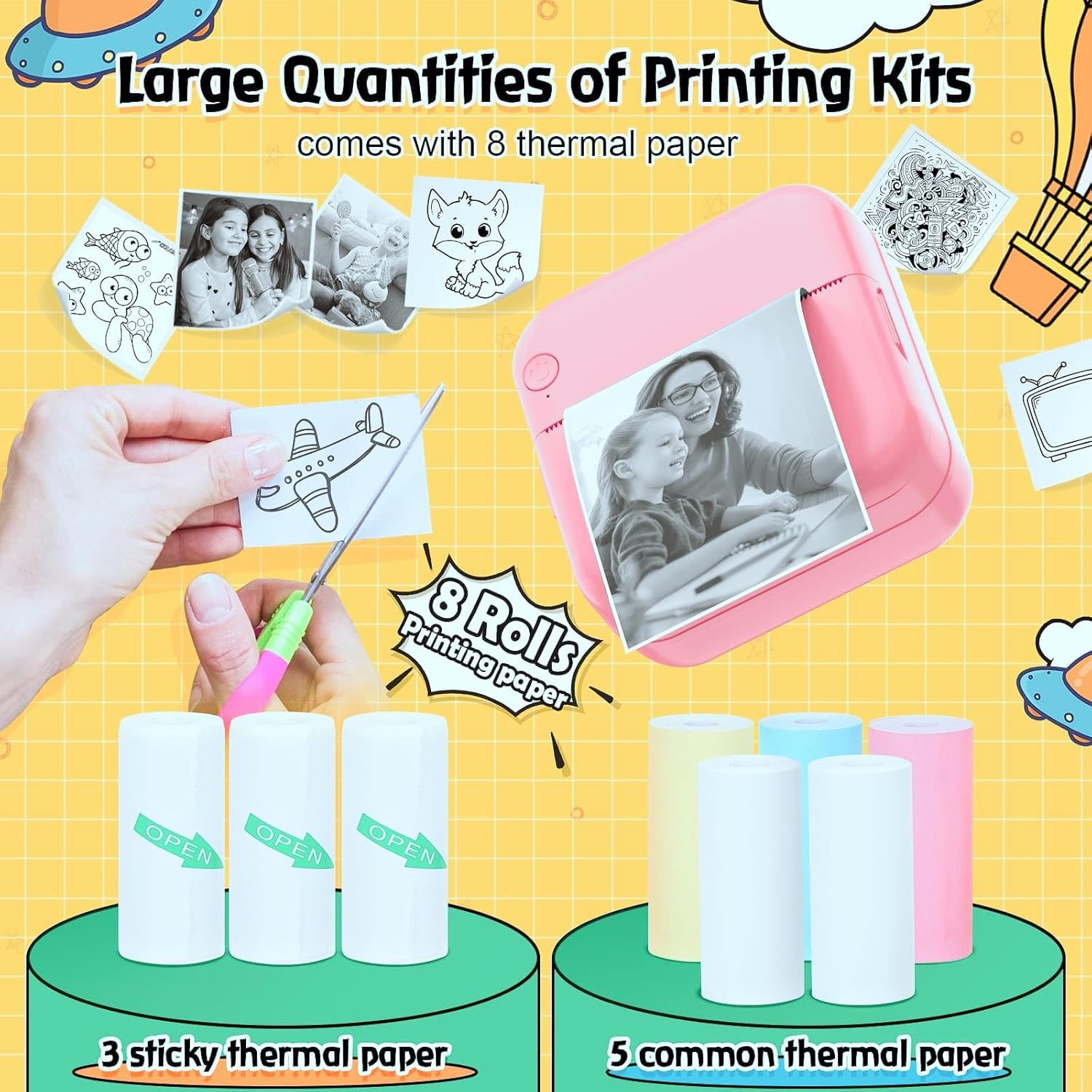QYCHHJ Inkless Sticker Printer for Iphone/Android/Tablet, Bluetooth Mini Pocket Printer with 8 Rolls Thermal Paper, Portable Mini Printer for School Notes Journal Memo Photo Picture, Pink image number 2
