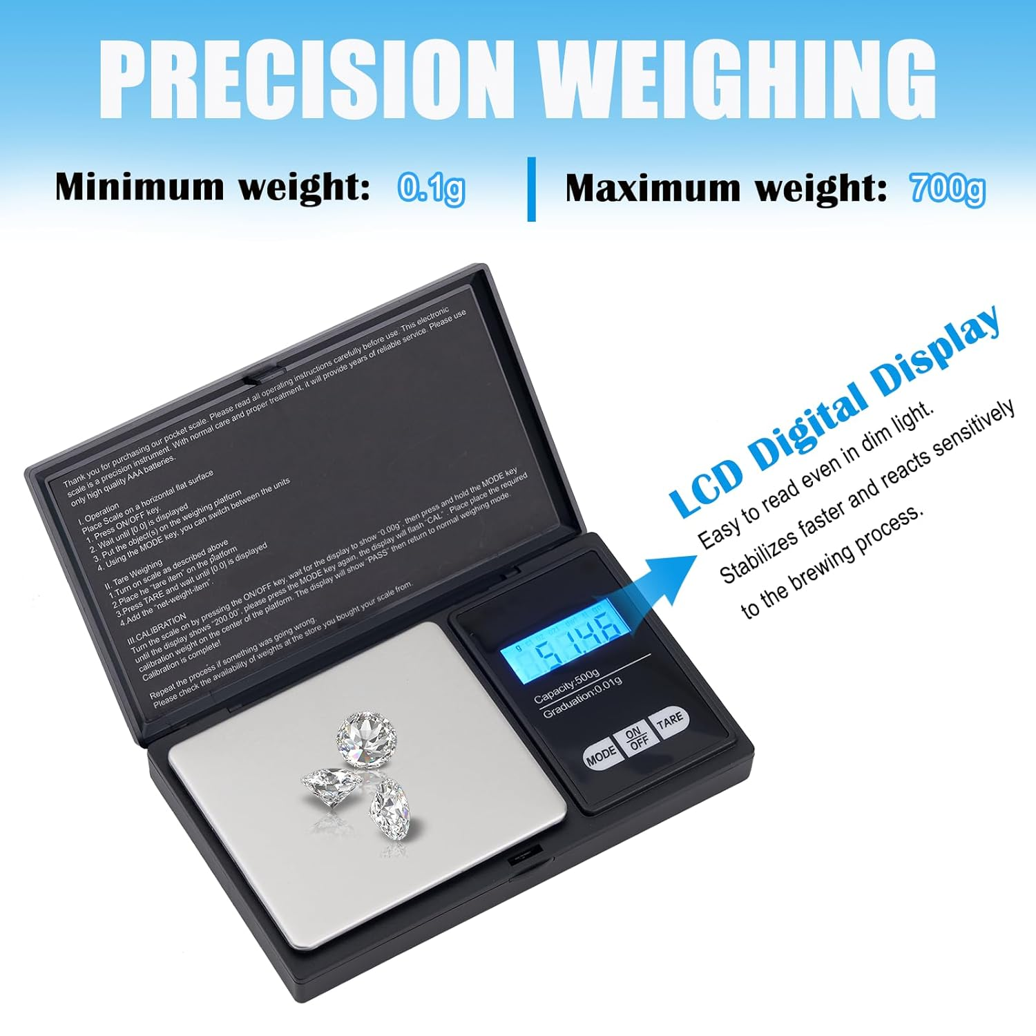 Precision Pocket Scale 700G X 0.01G, Digital Gram Scale with Tray, Small Food Scale, Jewelry Scale, Ounces Grains Scale with Backlit Lcd,Digital Milligram Scale,Pocket Jewellery Scale, Mini Gram Scale