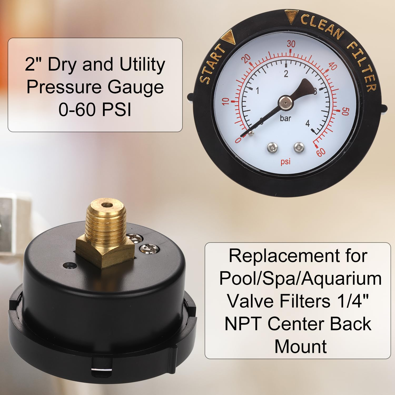 Pool Filter Pressure Gauge 0-60PSI with Sealing Tape, 1/4 NPT Back Mount Water Pressure Gauge Clean Filter Indicator for Swimming Pools Pumps Spa Aquarium Pressure Test image number 4