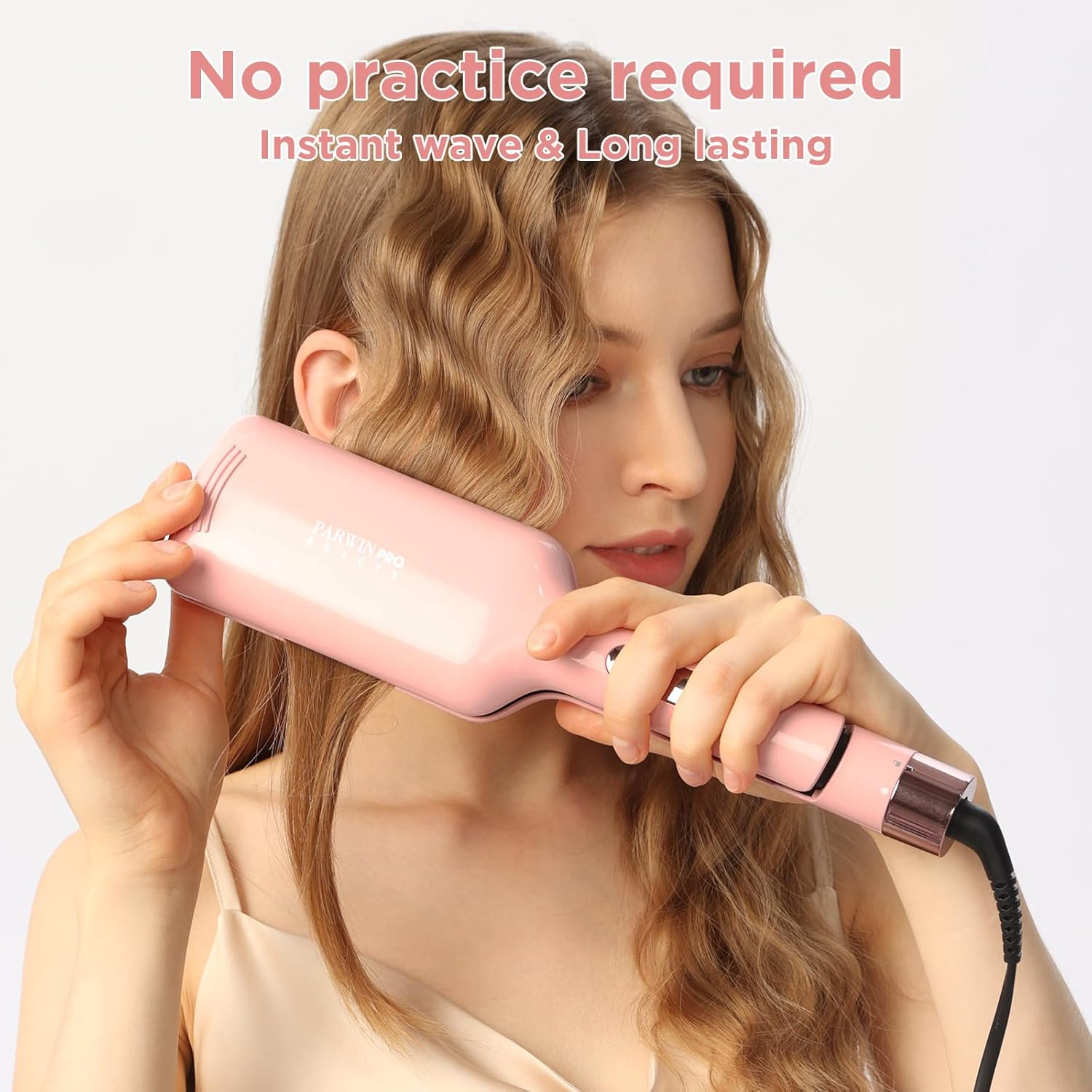 2 Barrel Hair Crimper Waver for Hair, 32MM Waver Curling Iron for Large and Beach Curls, PARWIN PRO BEAUTY Beach Waves Curling Wand with 4 Adjustable Temperatures, Instant Waves (Pink) image number 6
