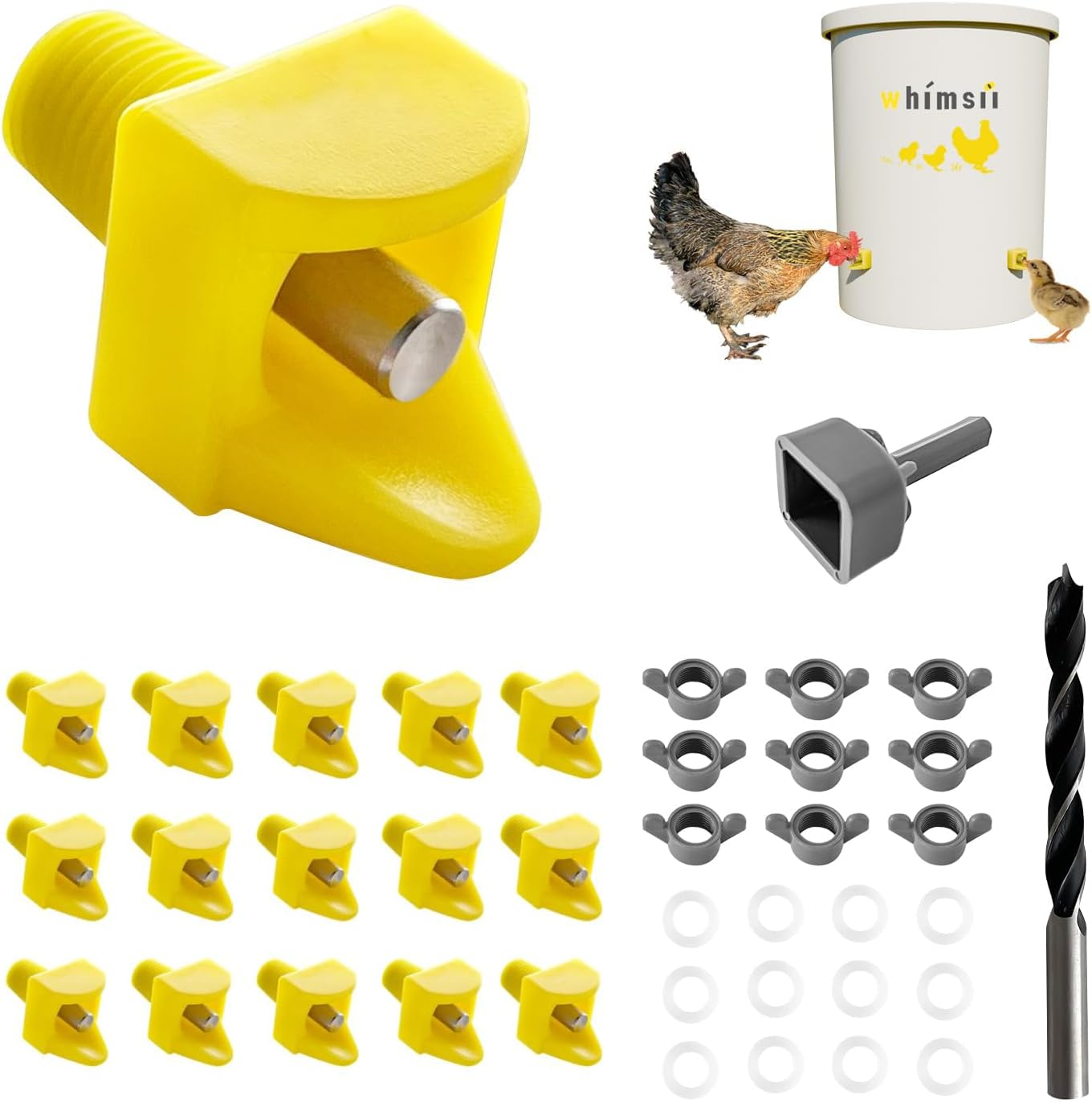 Chicken Waterer Nipples, Horizontal Side Mount, Anti-Leak Automatic Water System for Poultry, Suitable for Chickens, Duck, Quail, Includes Drill Bit & Installation Tool (Yellow, 15 Nipples)