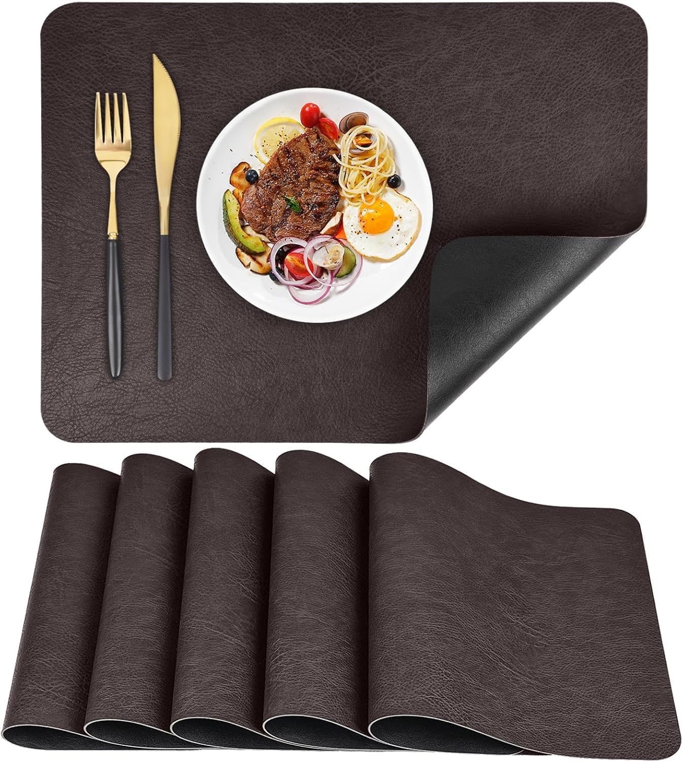 Faux Leather Placemats Set of 6 Table Mats 44.5 * 30Cm Heat Resistant Reversible Place Mats, Waterproof Wipeable Dining Table Place Mats for Home Party Outdoor (Grey)