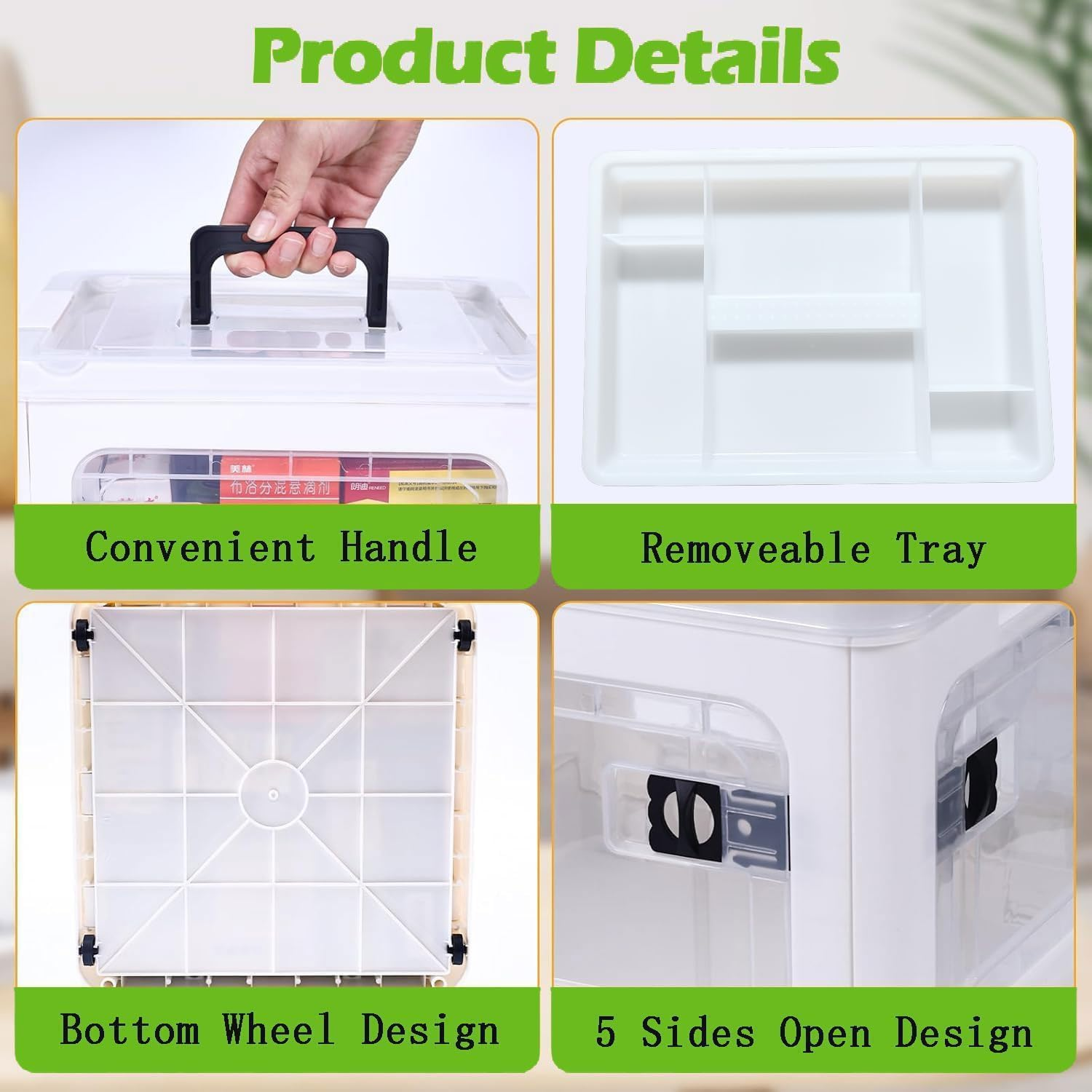 Extra Large Medicine Storage Box, Large Capacity First Aid Box, Clear Medical Supply Organizer with 1 Removable Tray, Multipurpose Plastic Medicine Chest with Wheels image number 1