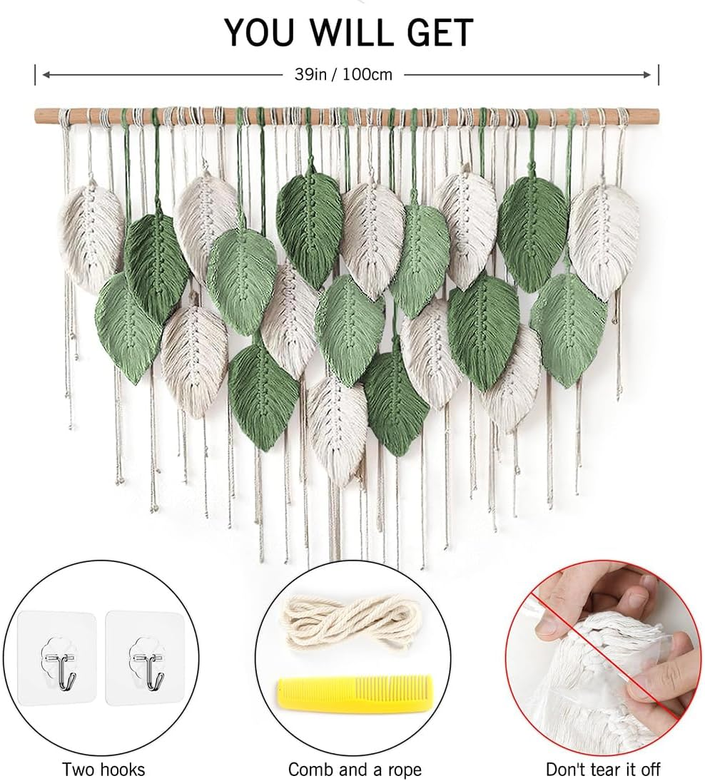 Macrame Wall Hanging Tapestry with Leaf Design, Handcrafted Bohemian Wall Art Wall Hanging Decor, Large Wall Tapestry Wall Decor for Home Decor Bedroom Living Room Nursery Office 39" W X 31.5" L image number 2