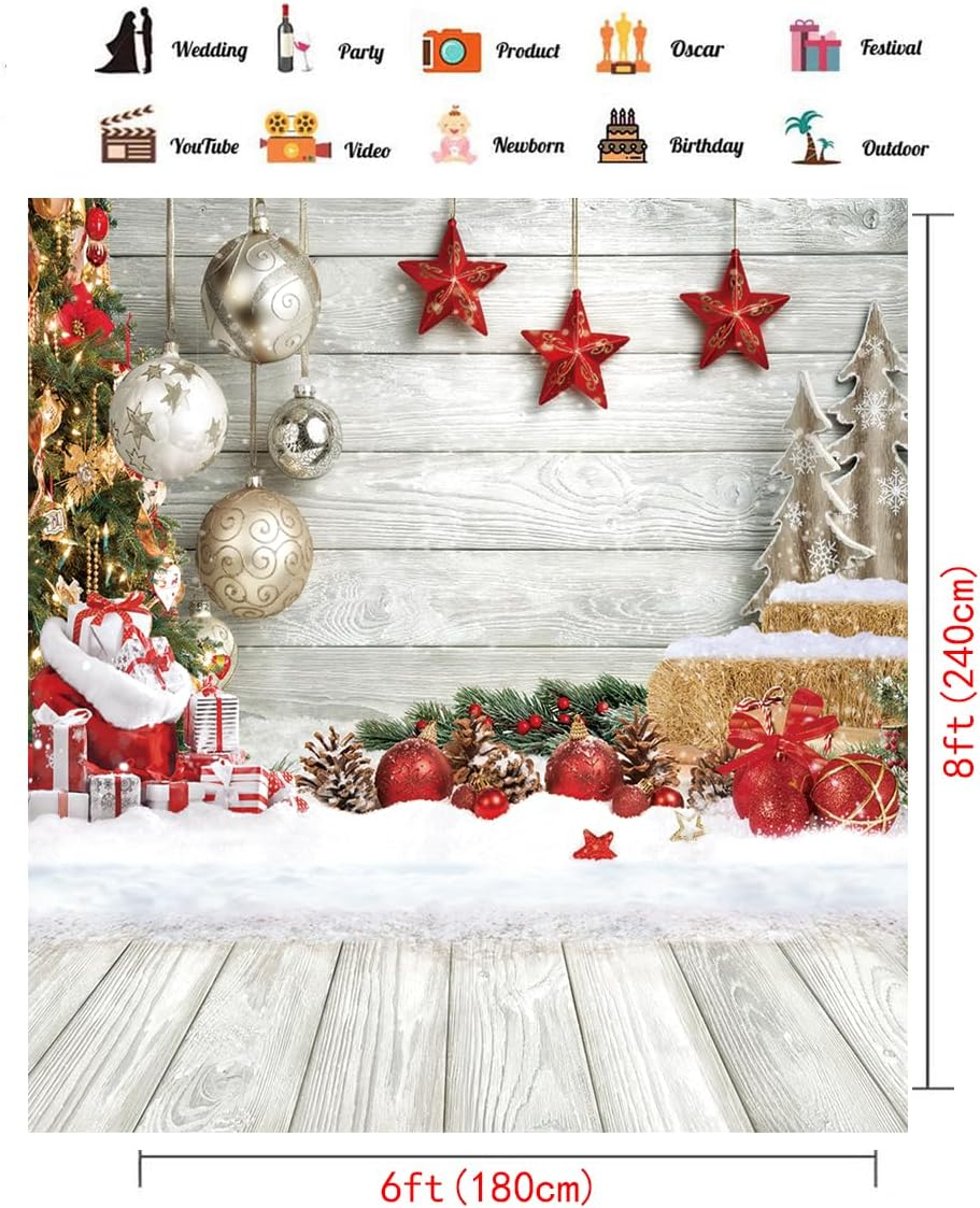 CHAIYA 6X8FT Christmas Backdrop White Wood Floor Photography Backdrop Winter Snow Xmas Tree Gift Family Party Background New Year Party Decoration Backdrop image number 2