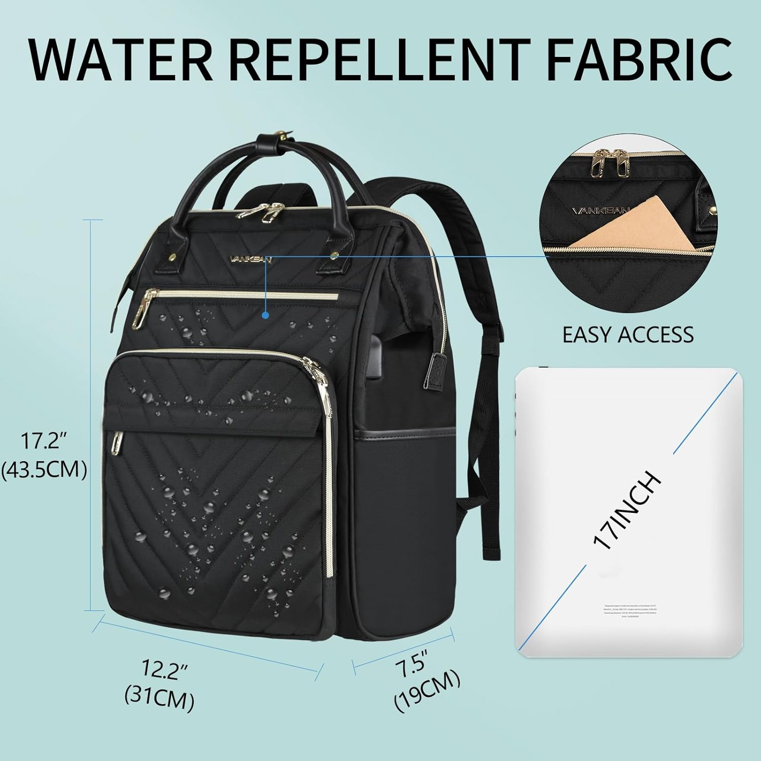 VANKEAN Laptop Backpacks for School, 17 Inch Stylish Computer School Backpack, Doctor Bag Water Repellent College Casual Daypack with USB Port Travel Business Work Bag (Quilted Black) image number 2