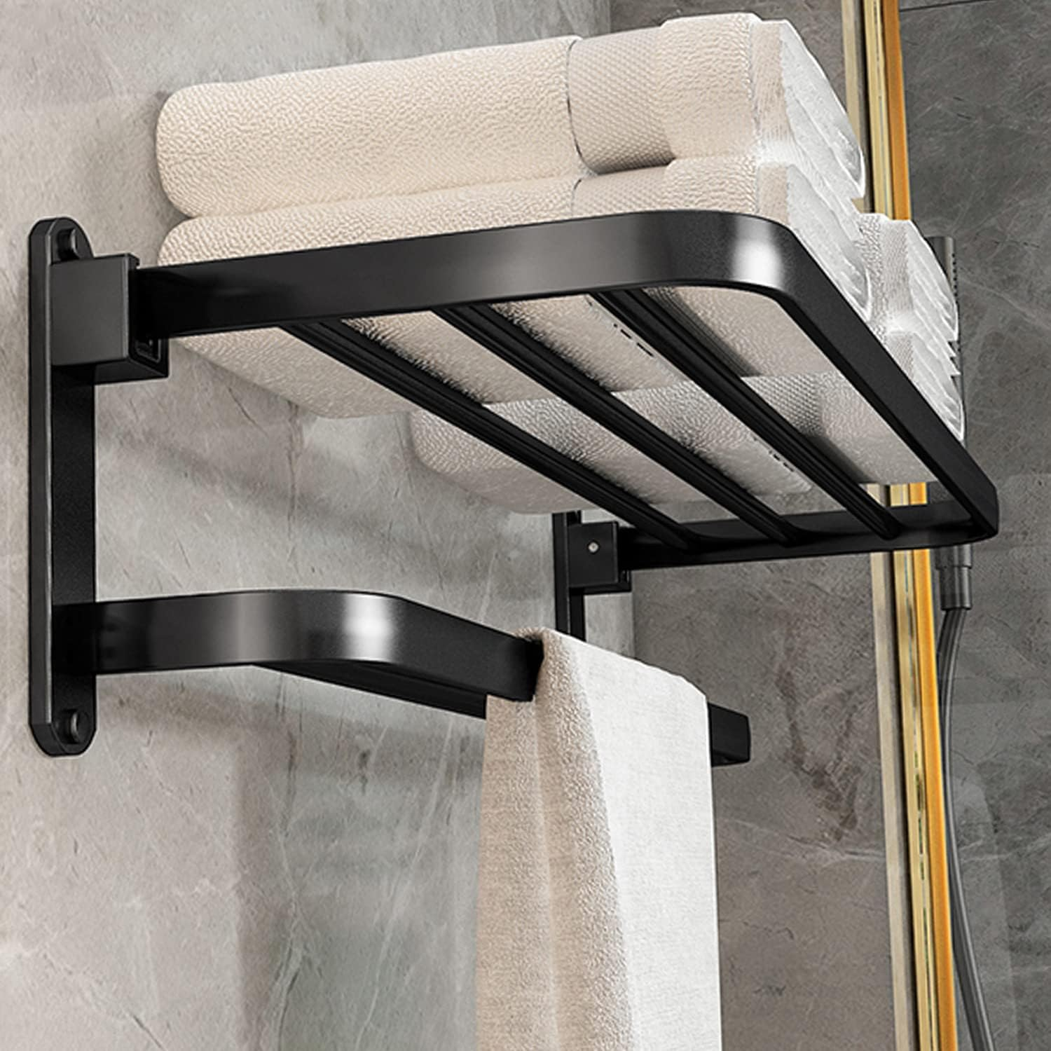 BOZWELL Bathroom Lavatory Towel Rack with Two Towel Bars,24-Inch Towel Holder with Shelf BZ205-A (Matte Black)