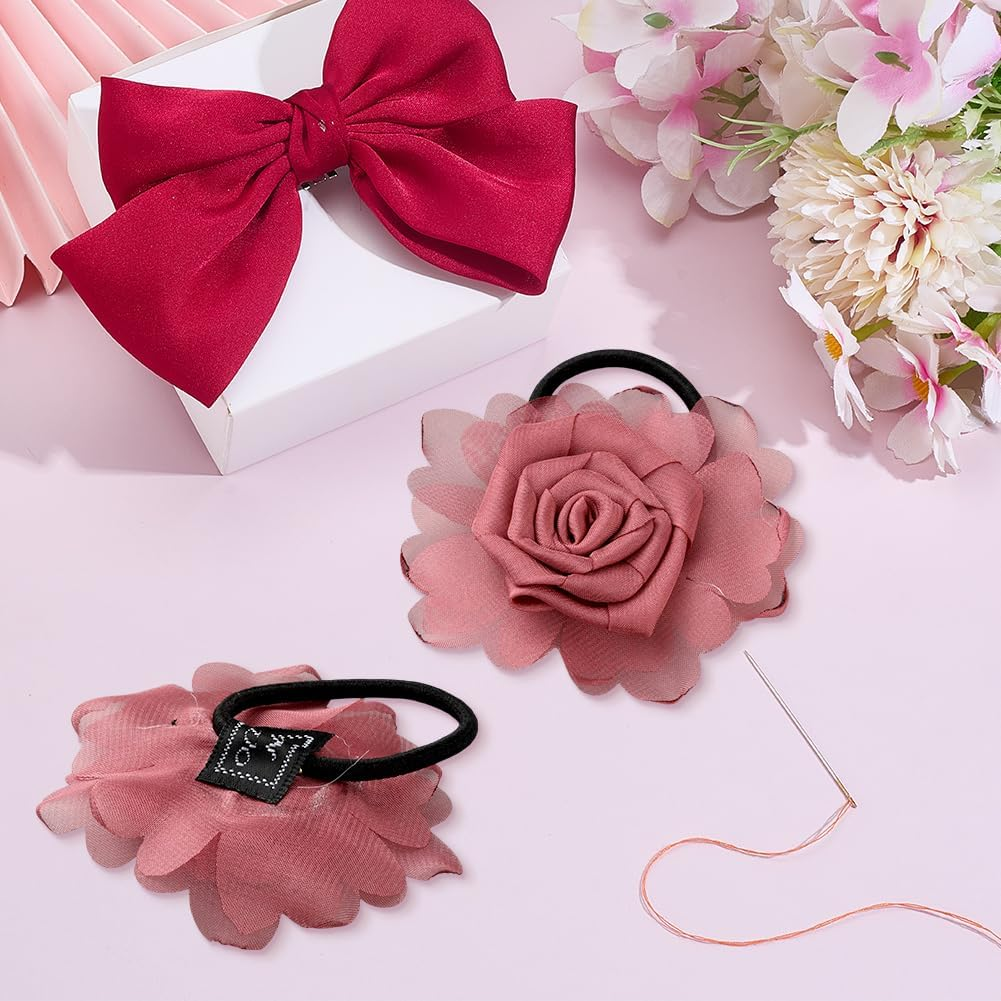 GOMAKERER 9 Pcs Flower Elastic Hair Ties, 3 Colors Floral Hair Bows Elastics Rubber Bands Scrunchy Hair Ties for Women Girls Wedding Bridal image number 3
