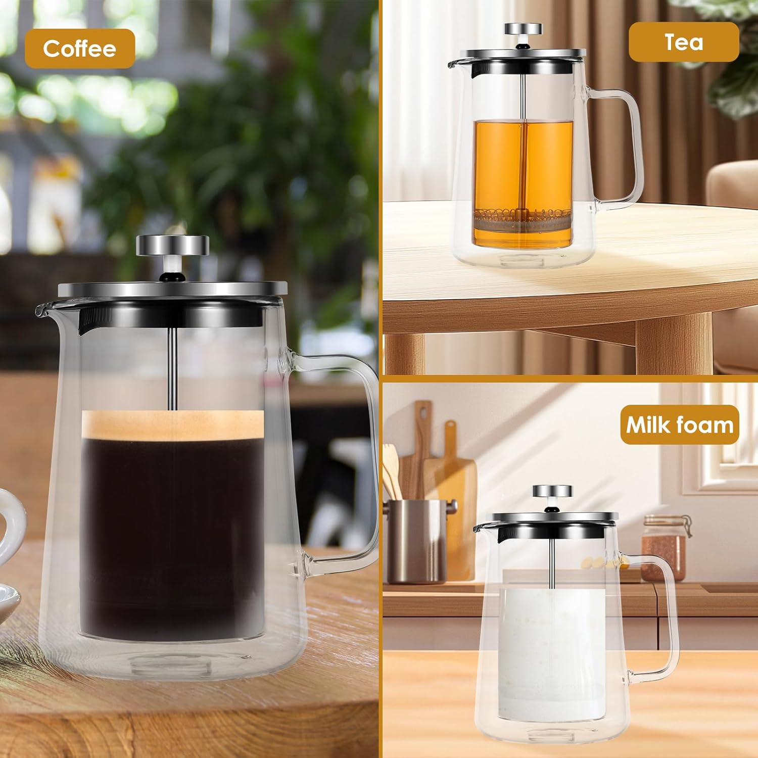 ZLHETWT French Press Coffee Maker, 650Ml, Clear Glass, Double Wall, Easy to Clean, Coffee, Tea, Espresso, Cold Brew, Latte, Cappuccino