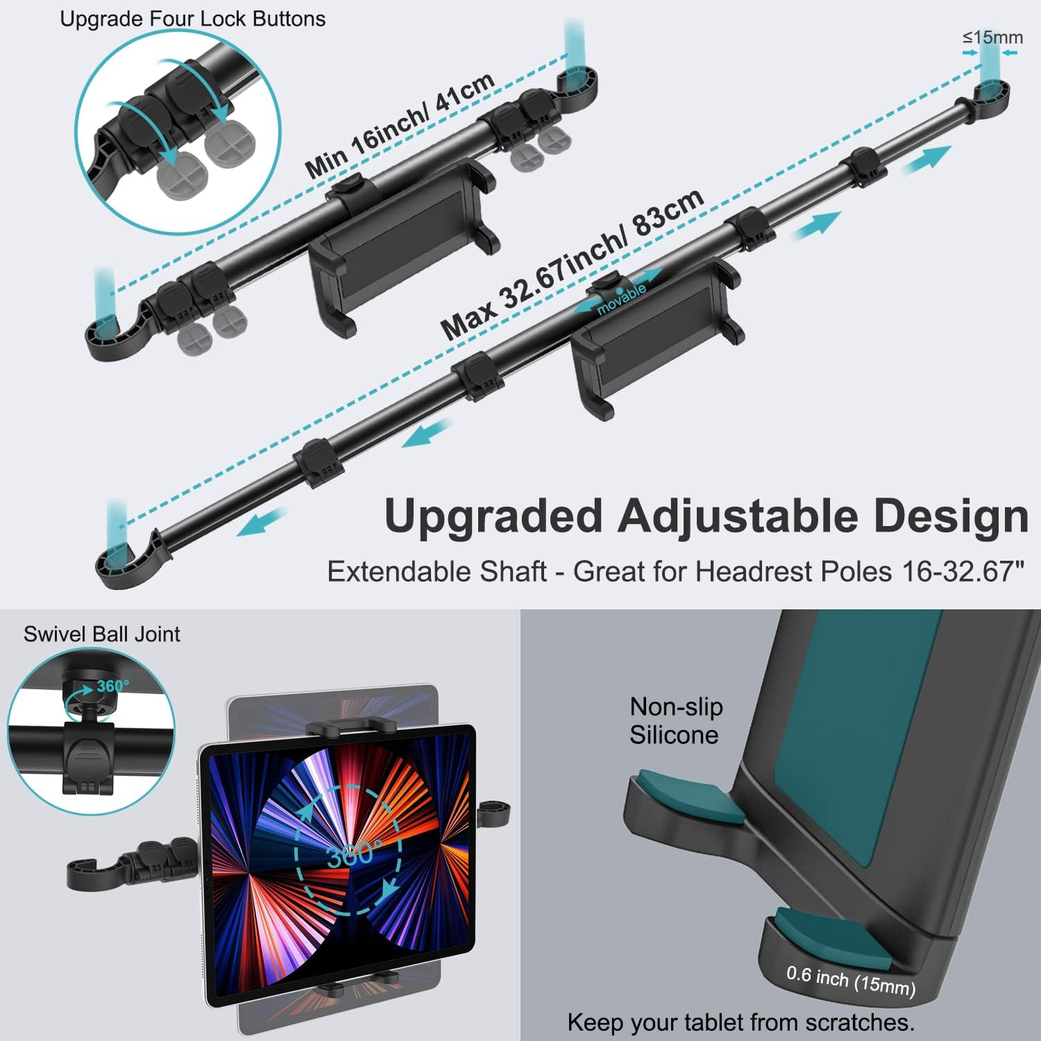 Car Headrest Tablet Mount, EXSHOW 32.67 Inch between Seat Ipad Holder, Back Seat Stretchable Long Arm Phone Stand, Backseat Mount for Kids Fits Ipad Pro 12.9 Air Mini, Galaxy Tabs, 4-13" Device image number 1