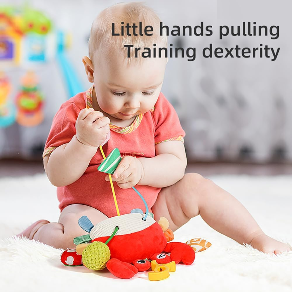Crab Car Seat & Stroller Toy for Babies 0-12 Months, Sensory Hanging Toy with Rattle, Mirror, Squeaker, Bpa-Free Pull Strings, Fine Motor Skills Baby Newborn Infant Boy Girl image number 4