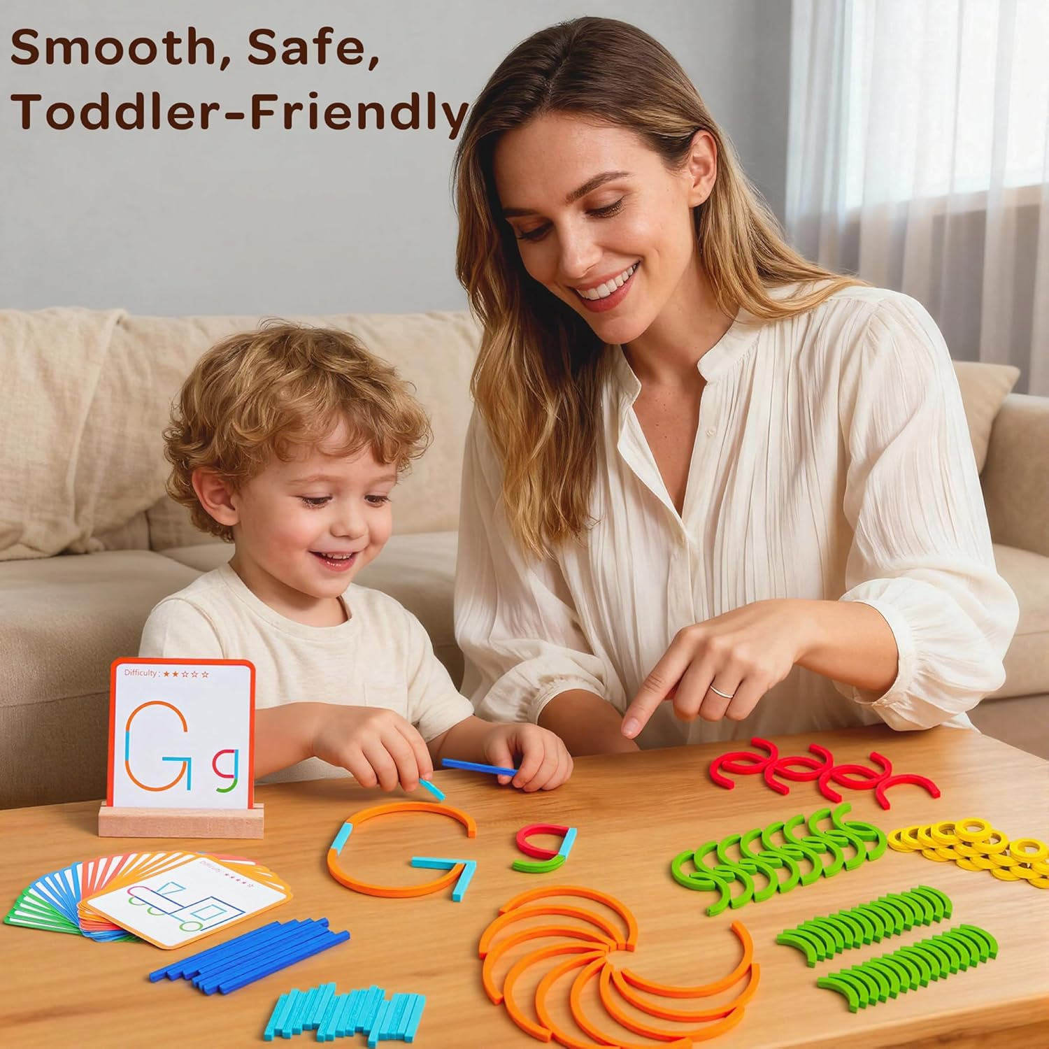 Montessori Smart Sticks and Rings Set with Challenge Cards, 120PCS Creative STEM Kit with Wooden Pattern Blocks for Kids, Preschool Learning Activities and Classroom Use image number 5