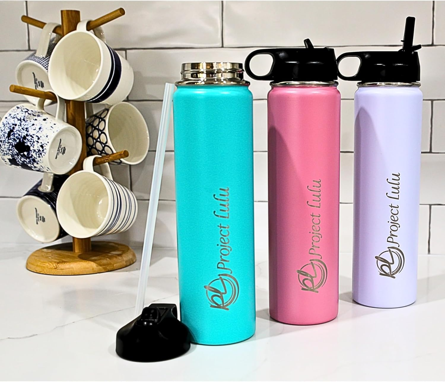 Project Lulu Insulated Stainless Steel Water Bottle Handle Flip Top with Straw 24Oz (Marshmallow White, 24Oz) - Aquamarine Dream image number 7