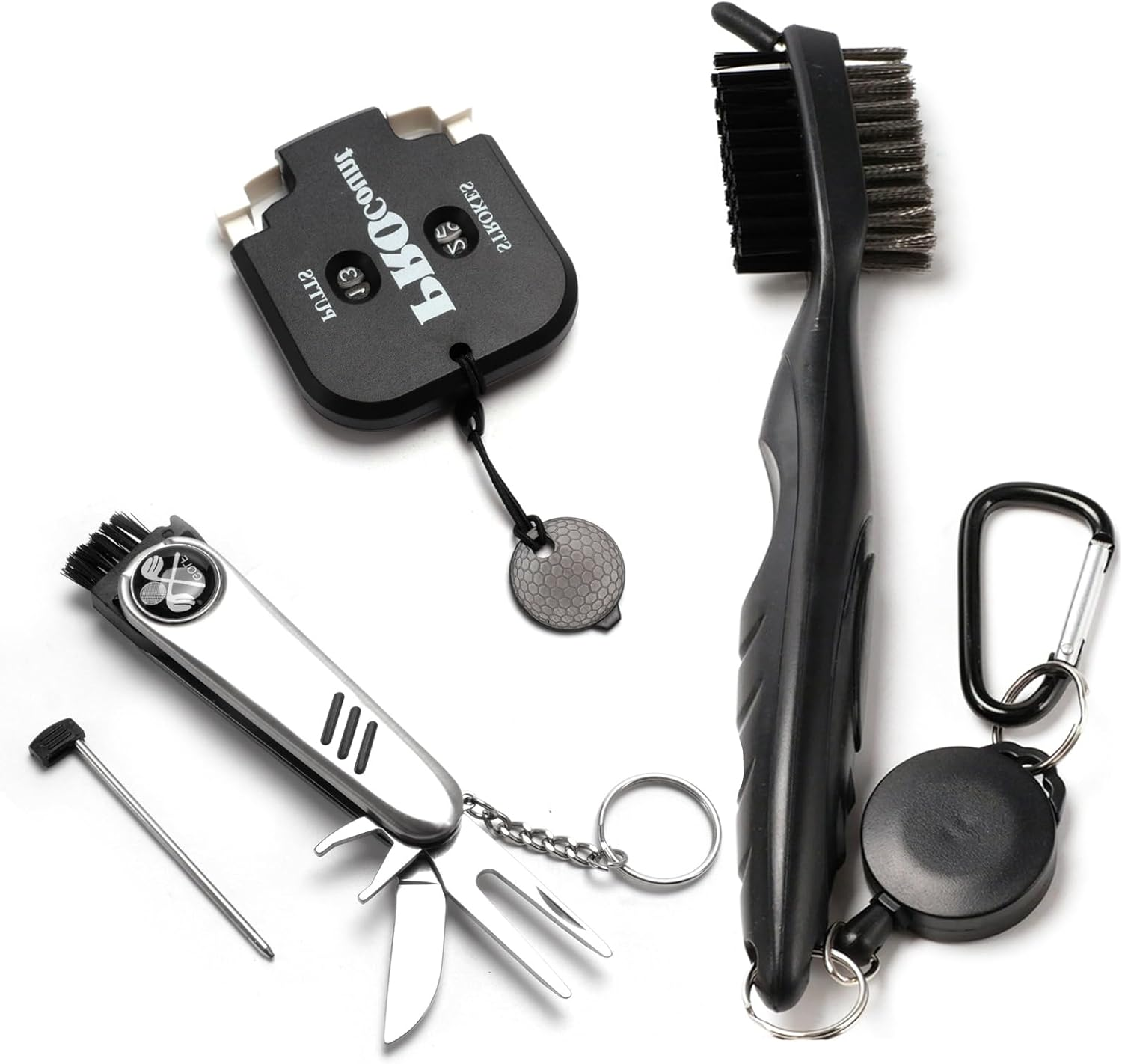 Golf Accessory Tool Set, Golf Club Brush, Foldable Divot Repair Tool with Golf Marker, Digit Counter, Pack of 3 Golf Sports Bag Kit (Black) image number 2