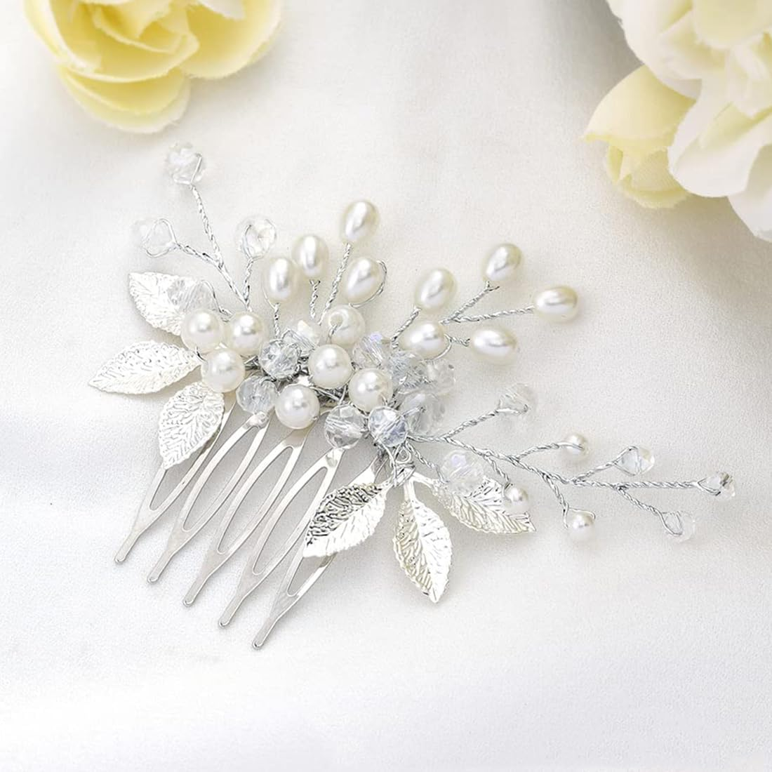 VIVIIHOO Flower Wedding Hair Comb with Silver Beads - Hair Accessories Wedding - Bridal Hair Accessories for Women and Girls image number 2
