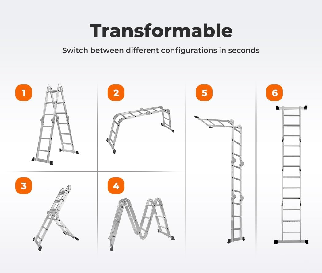 Traderight Multi Purpose Ladder Aluminium Folding Platform Extension, Multi Position Step Foldable Ladders for Home Garage Outdoor Work, 20 Rungs 5.7M Silver image number 4