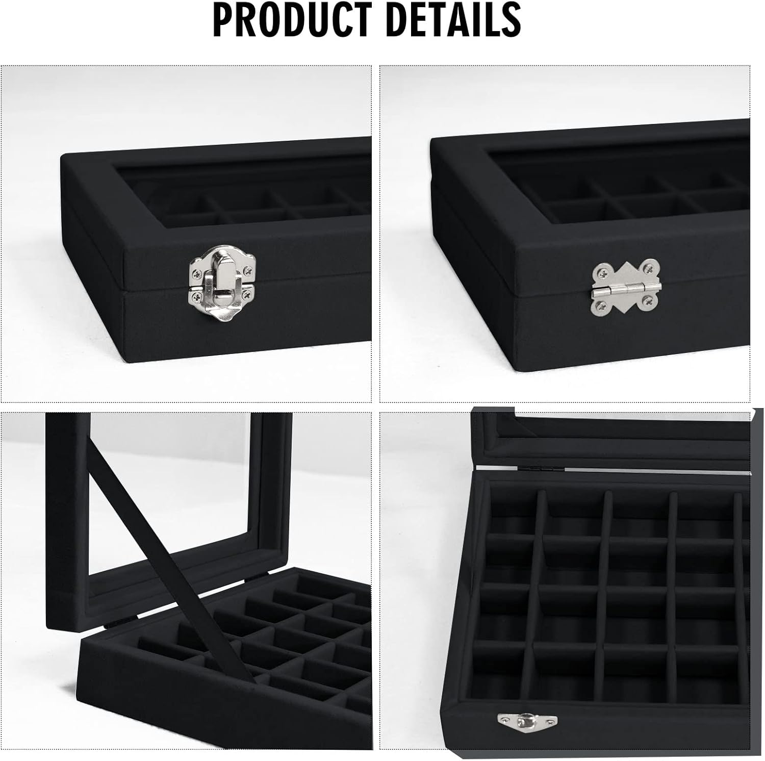 Velvet Jewelry Box 24 Grid Jewelry Ring Display Organiser Box Tray Holder Earrings Storage Case for Girls Wife Mom Women (Black) - Gray image number 3